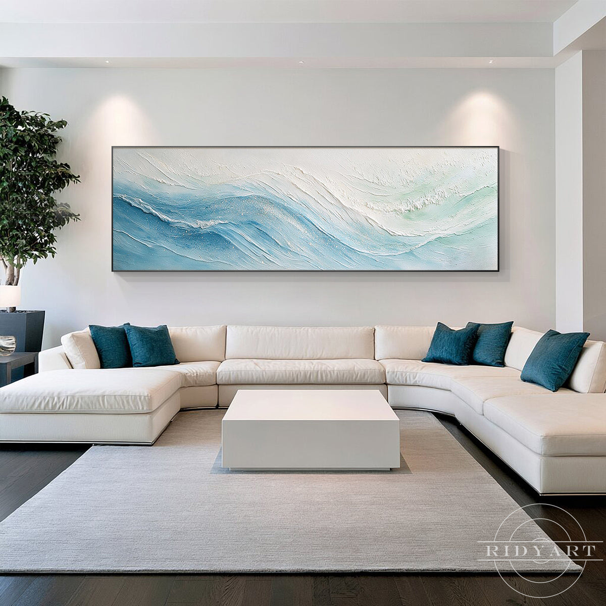 Modern abstract ocean painting in blue, white and soft seafoam green