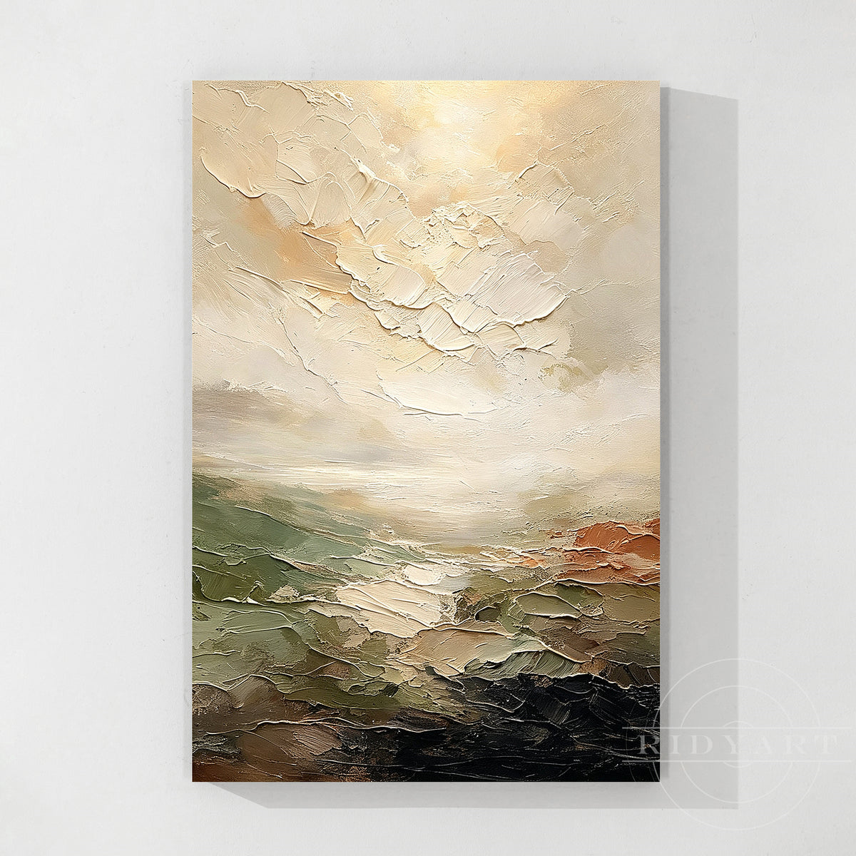 Neutral abstract landscape textured wall art with beige and olive green tones