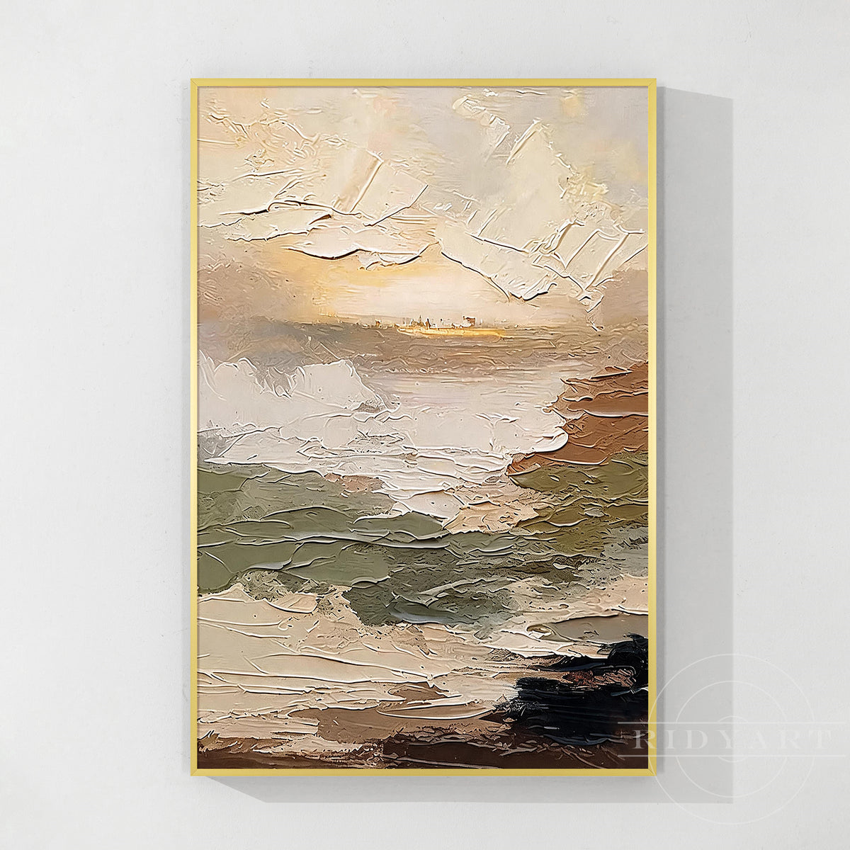 Neutral abstract landscape wall art with 3D texture in beige and olive tones