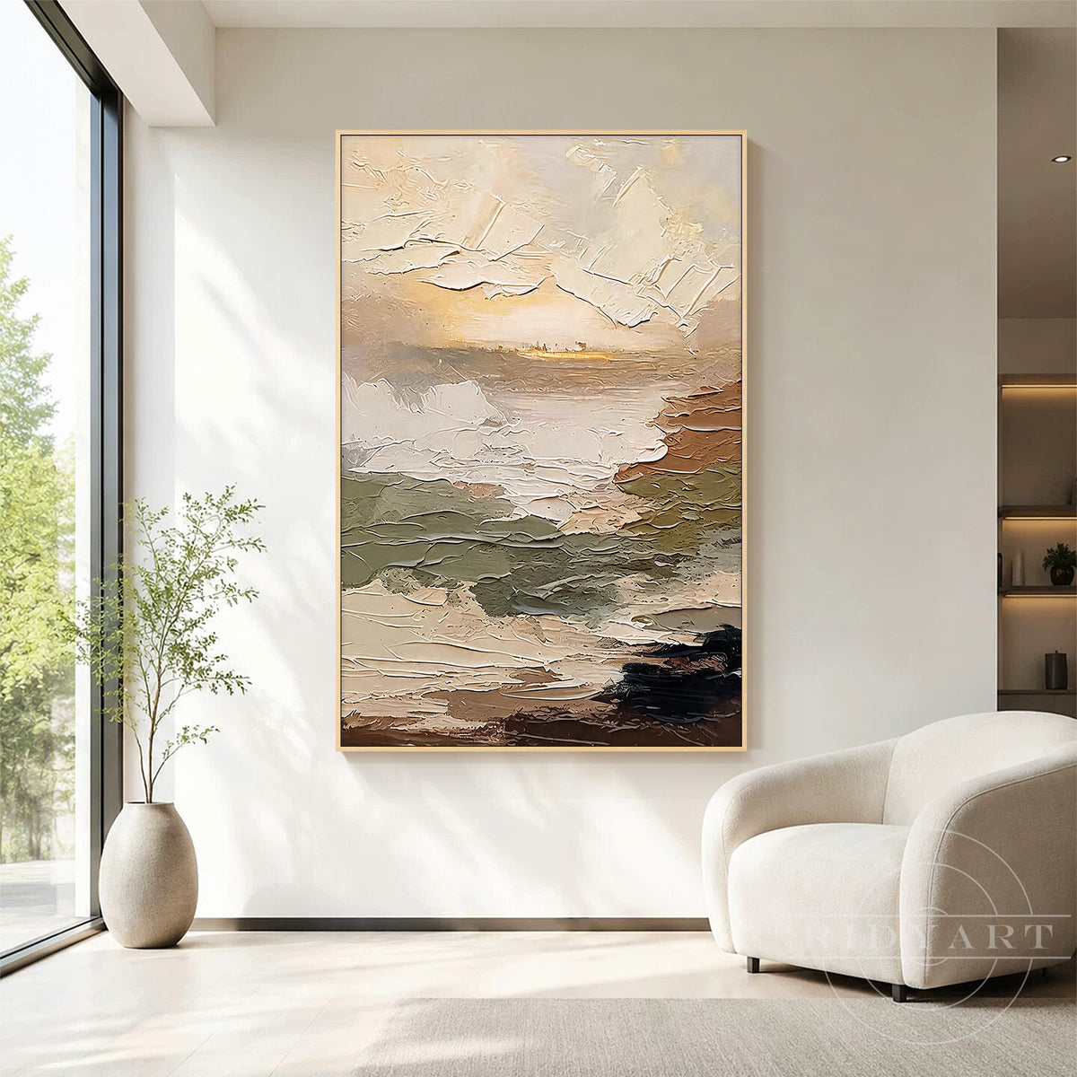 Modern abstract landscape painting with palette knife texture and earthy colors