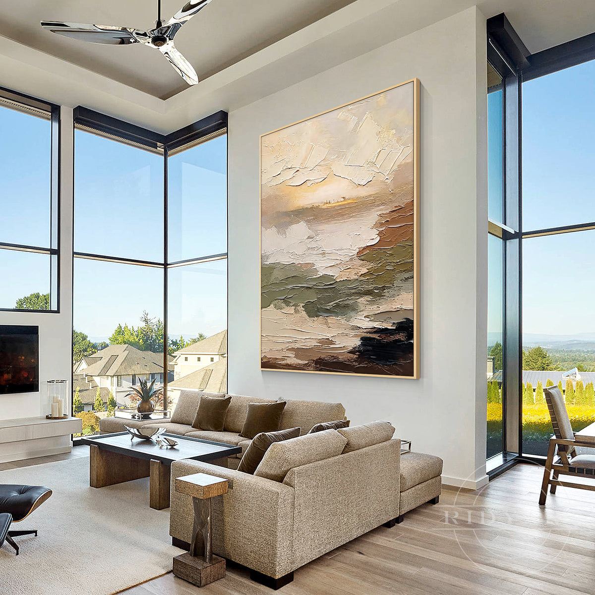 Vertical neutral landscape wall painting with layered handmade texture