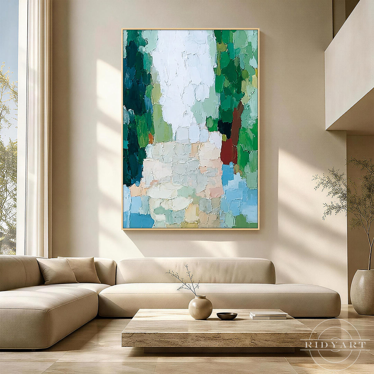 Original abstract landscape painting with raised palette-knife texture in green and turquoise