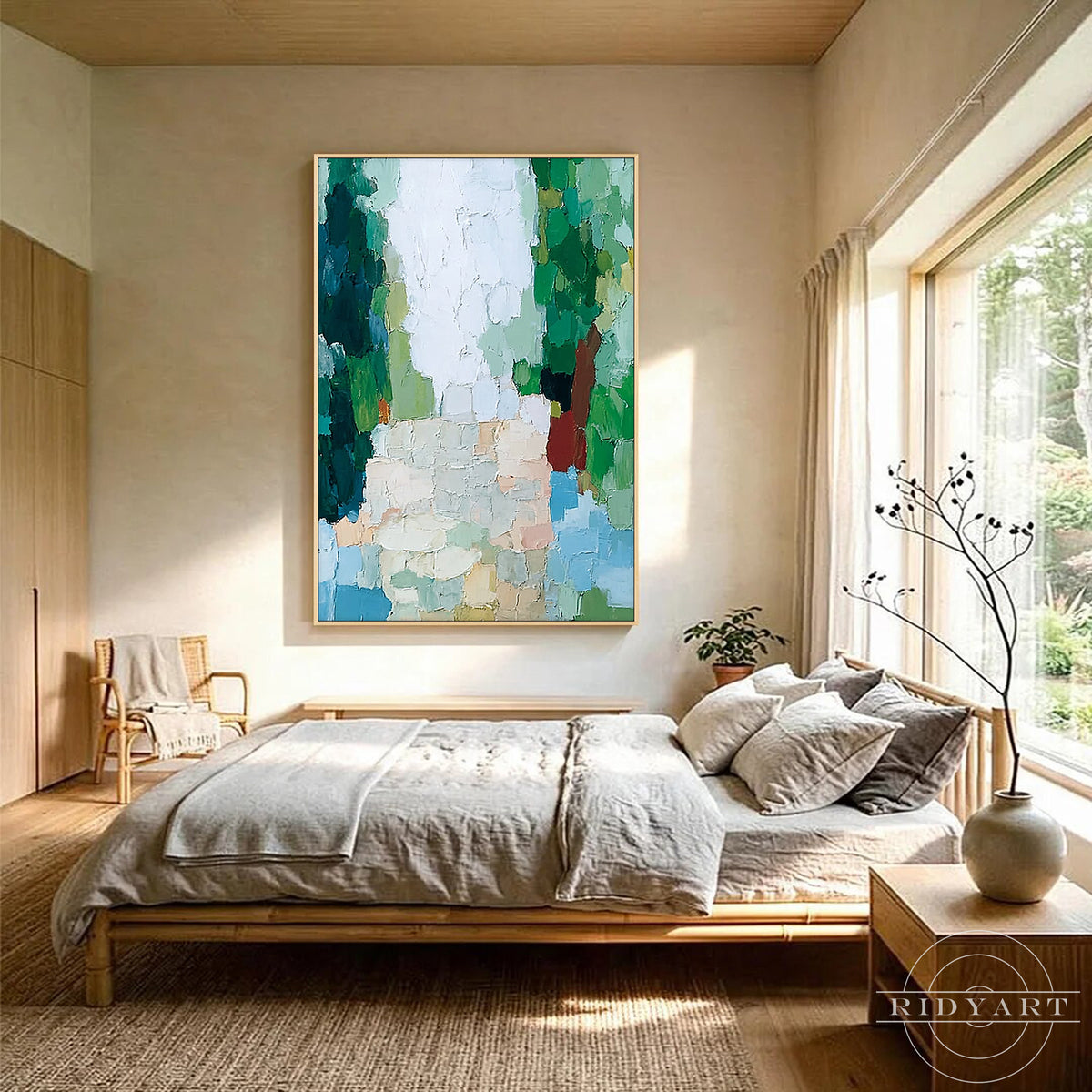 Large textured abstract painting with forest green trees, blue water tones and a light central landscape