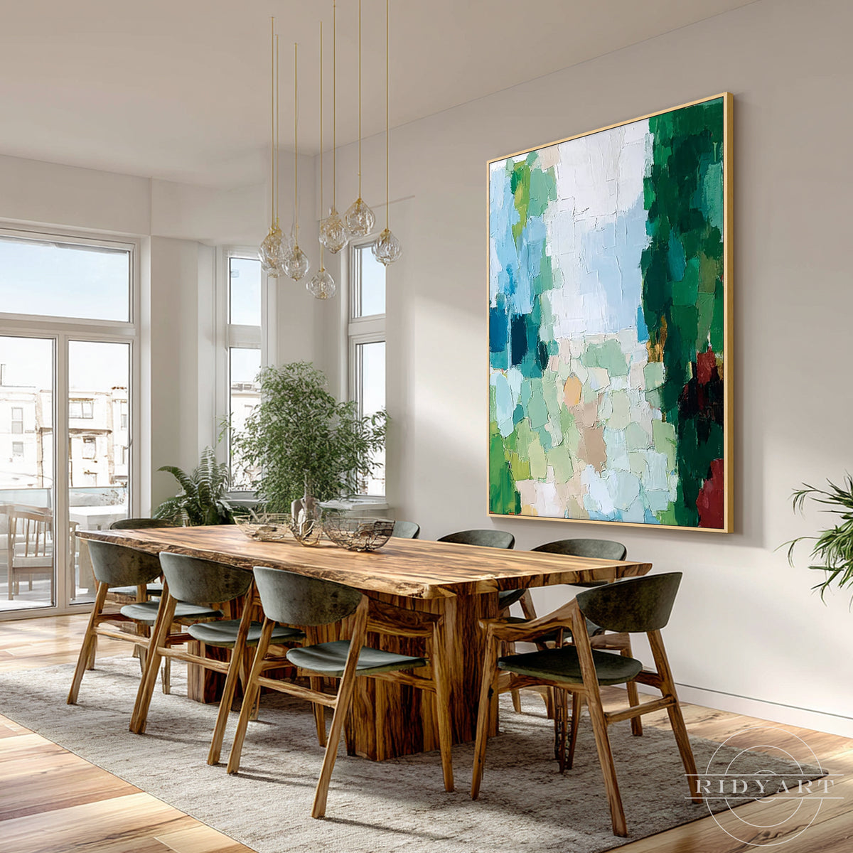Modern hand-painted abstract landscape featuring dark green foliage and a light central area