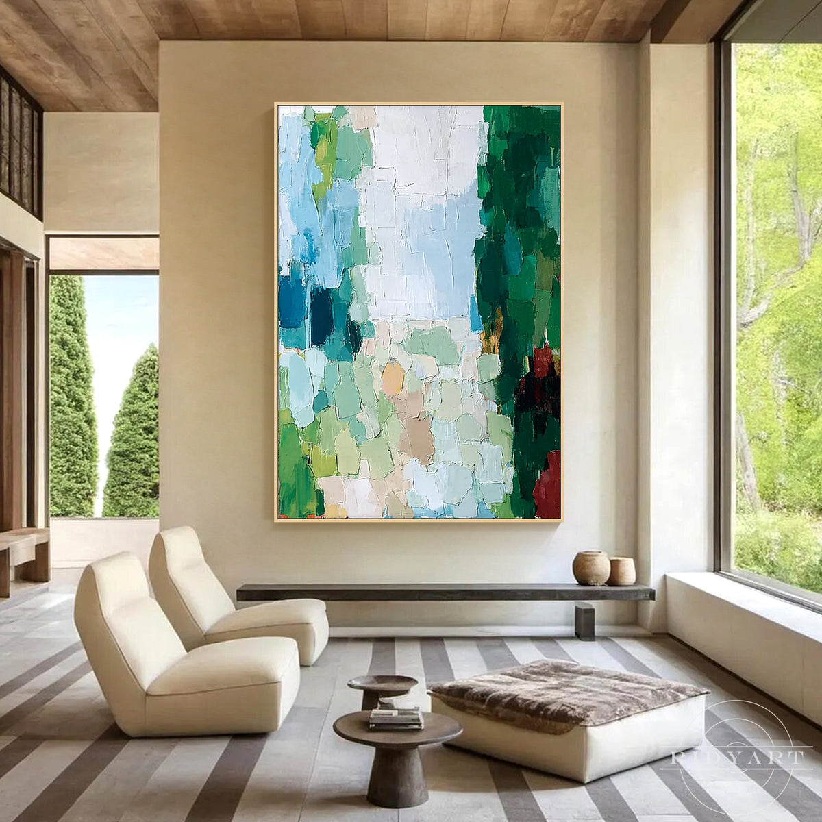 Nature-inspired textured abstract wall art in green, teal, blue and neutral colors