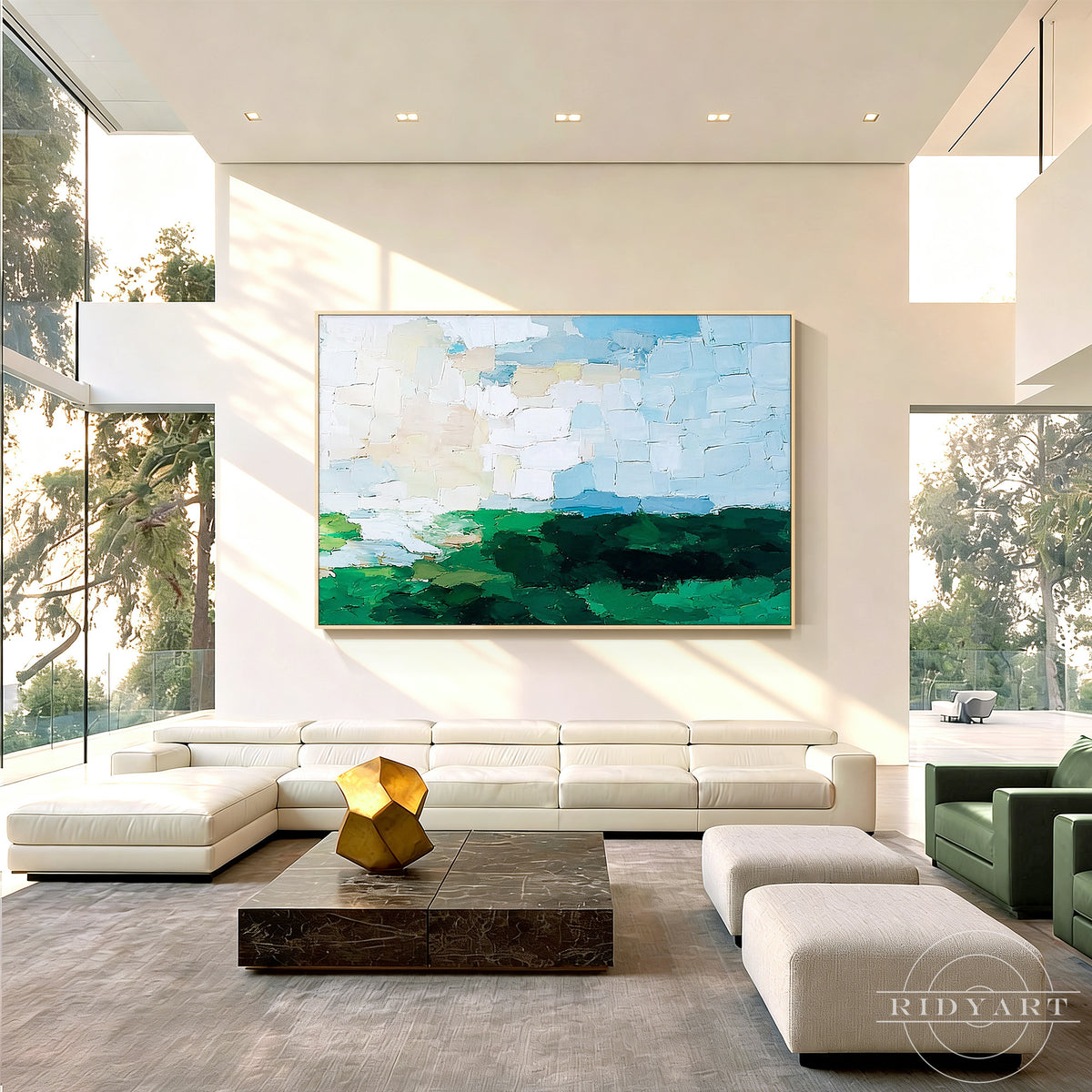 Horizontal abstract landscape painting with layered emerald green fields and pale blue sky