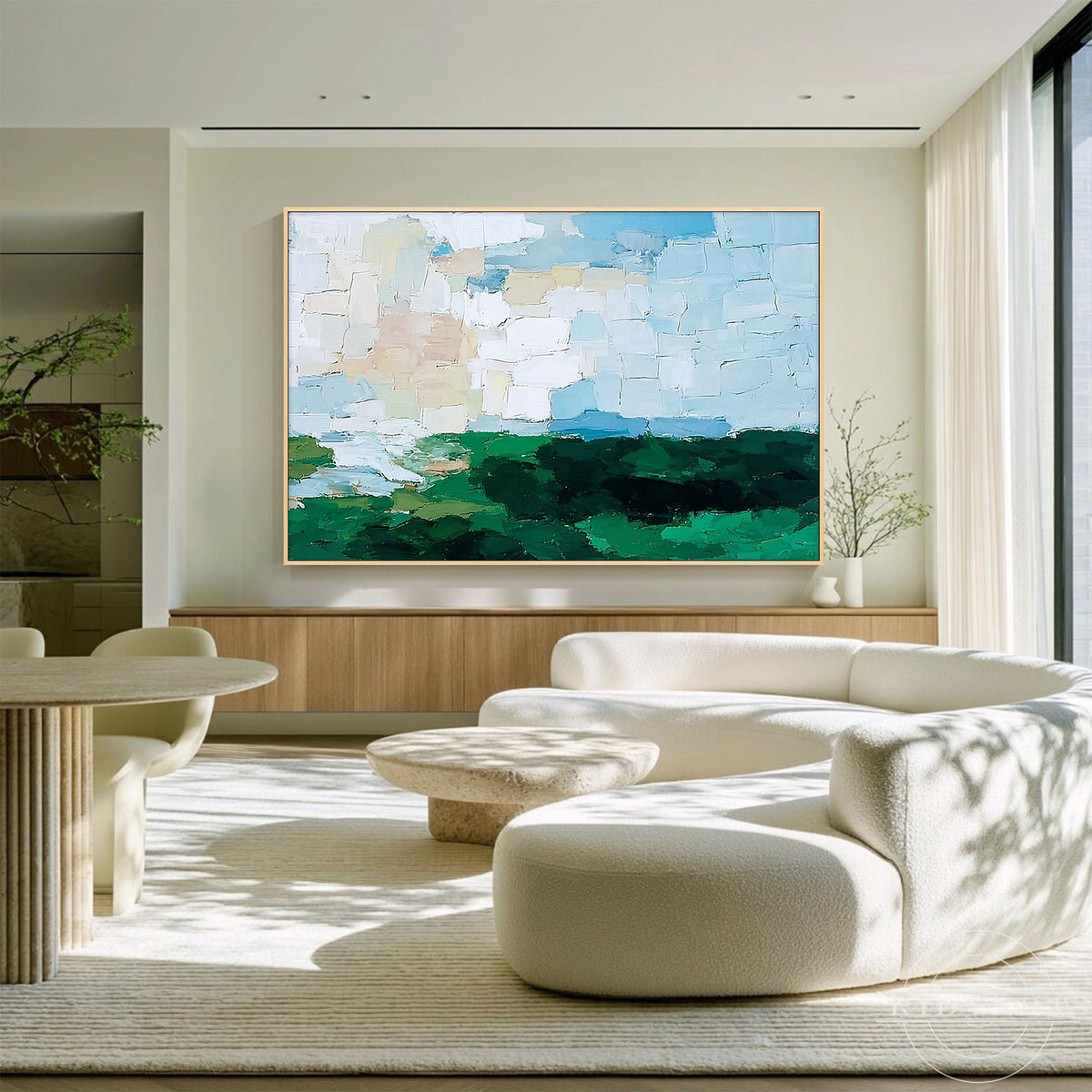 Original textured wall art featuring green countryside, turquoise tones and an open blue sky