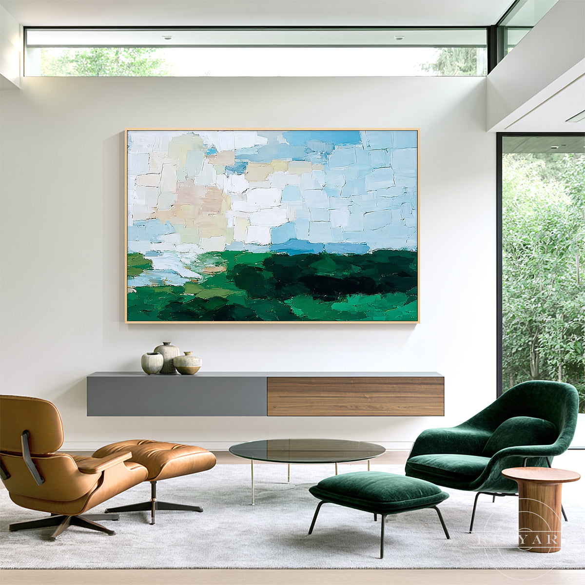 Large horizontal green and blue abstract painting with white, ivory and beige accents