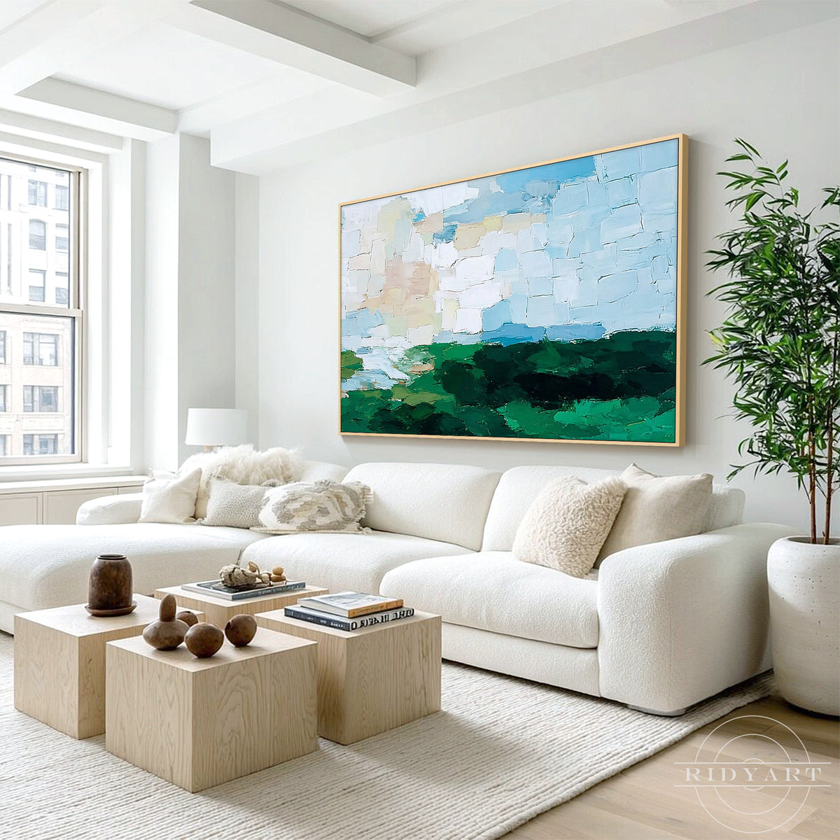 Textured abstract nature landscape wall art for a modern living room above a sofa
