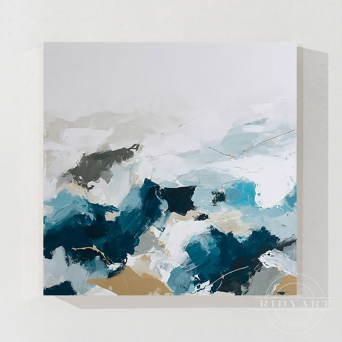 Hand painted navy teal and gold square abstract oil painting with wood frame hanging over a grey sofa in a warm minimalist living room.