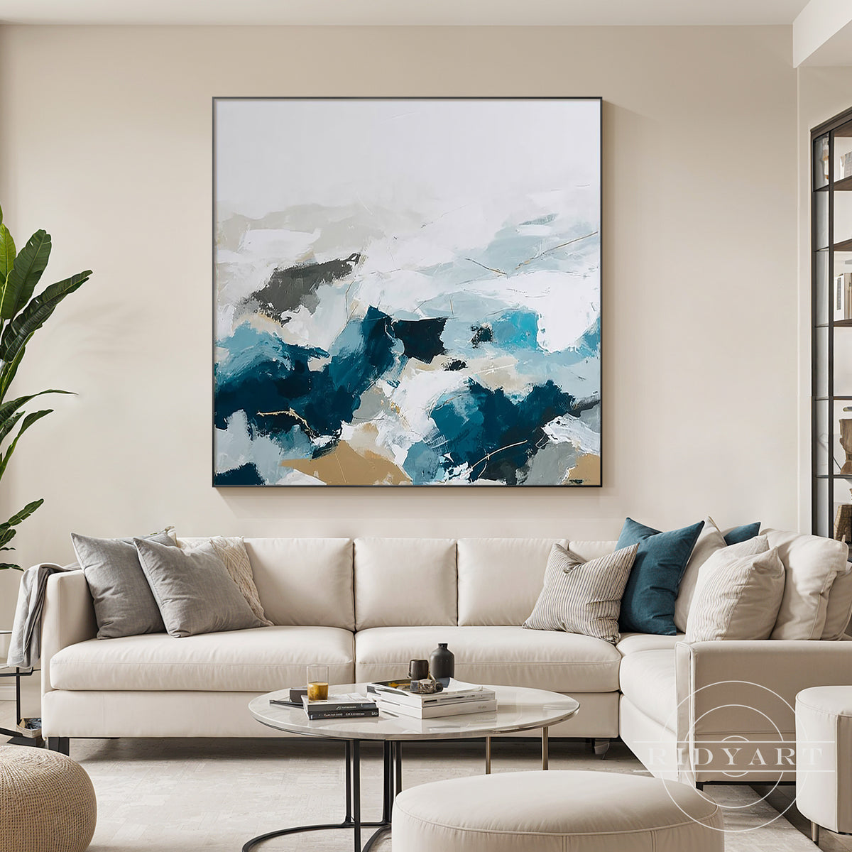 Framed square minimalist teal abstract painting bringing architectural depth and gold accents above a console table in a modern home.