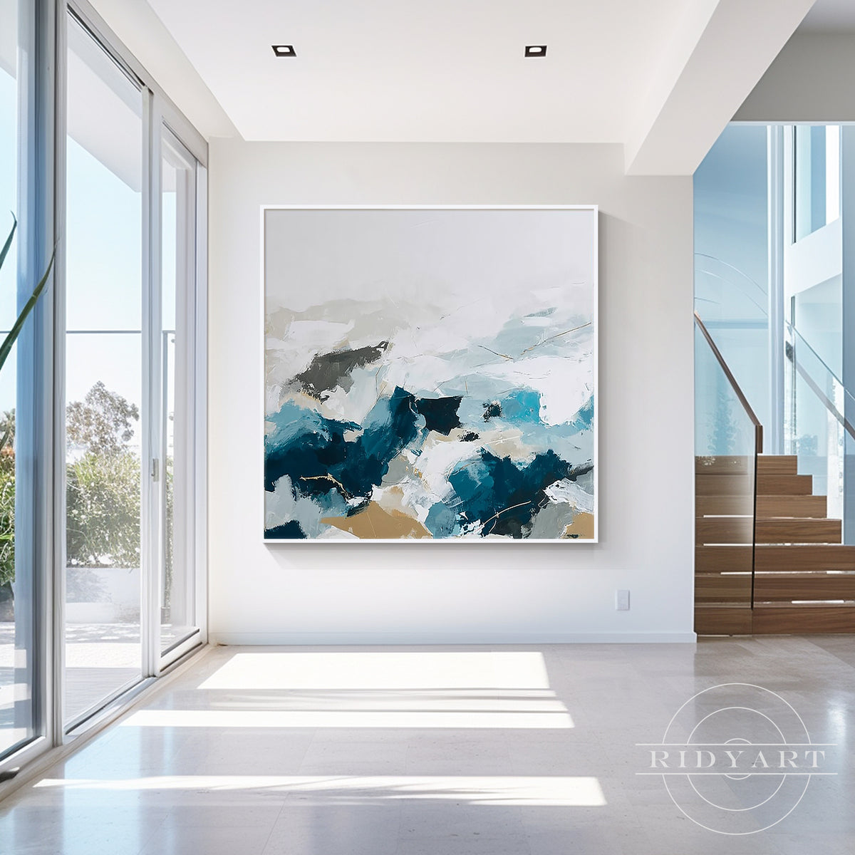 Tranquil hand painted blue gray square abstract canvas artwork with thick knife textures hanging above an upholstered headboard in a bedroom.