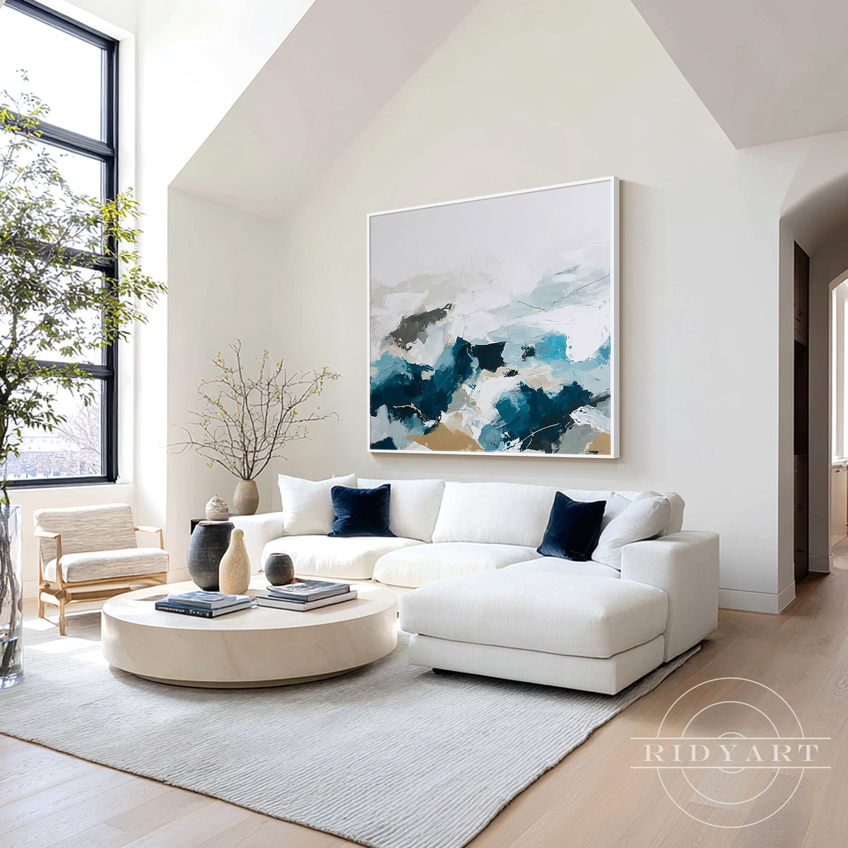 Square hand painted modern abstract canvas artwork displaying rich textured brushwork forming an inviting focal view along a hallway wall