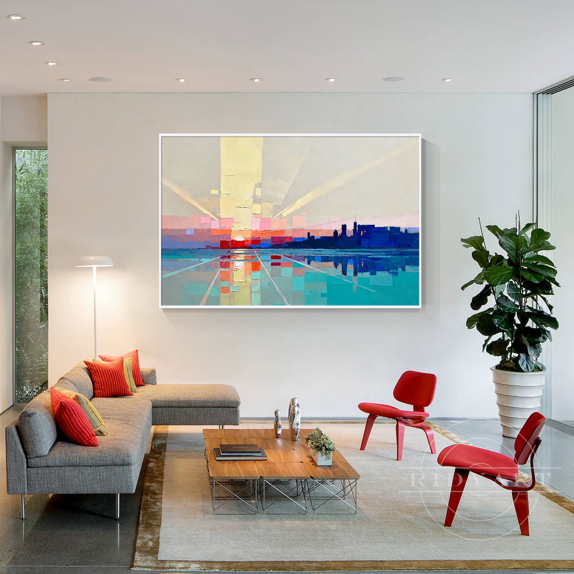 Original urban cityscape oil painting with bold colors and texture