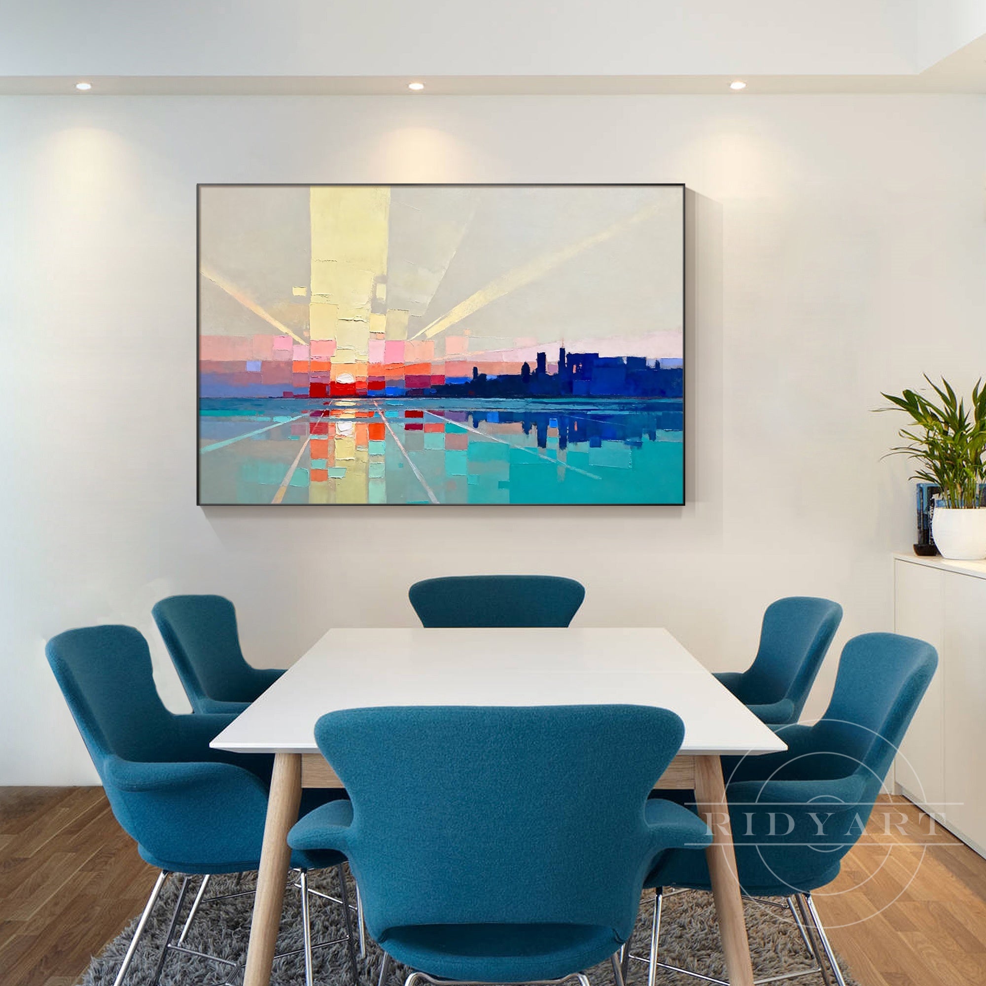 Large abstract city wall art inspired by modern skyline architecture
