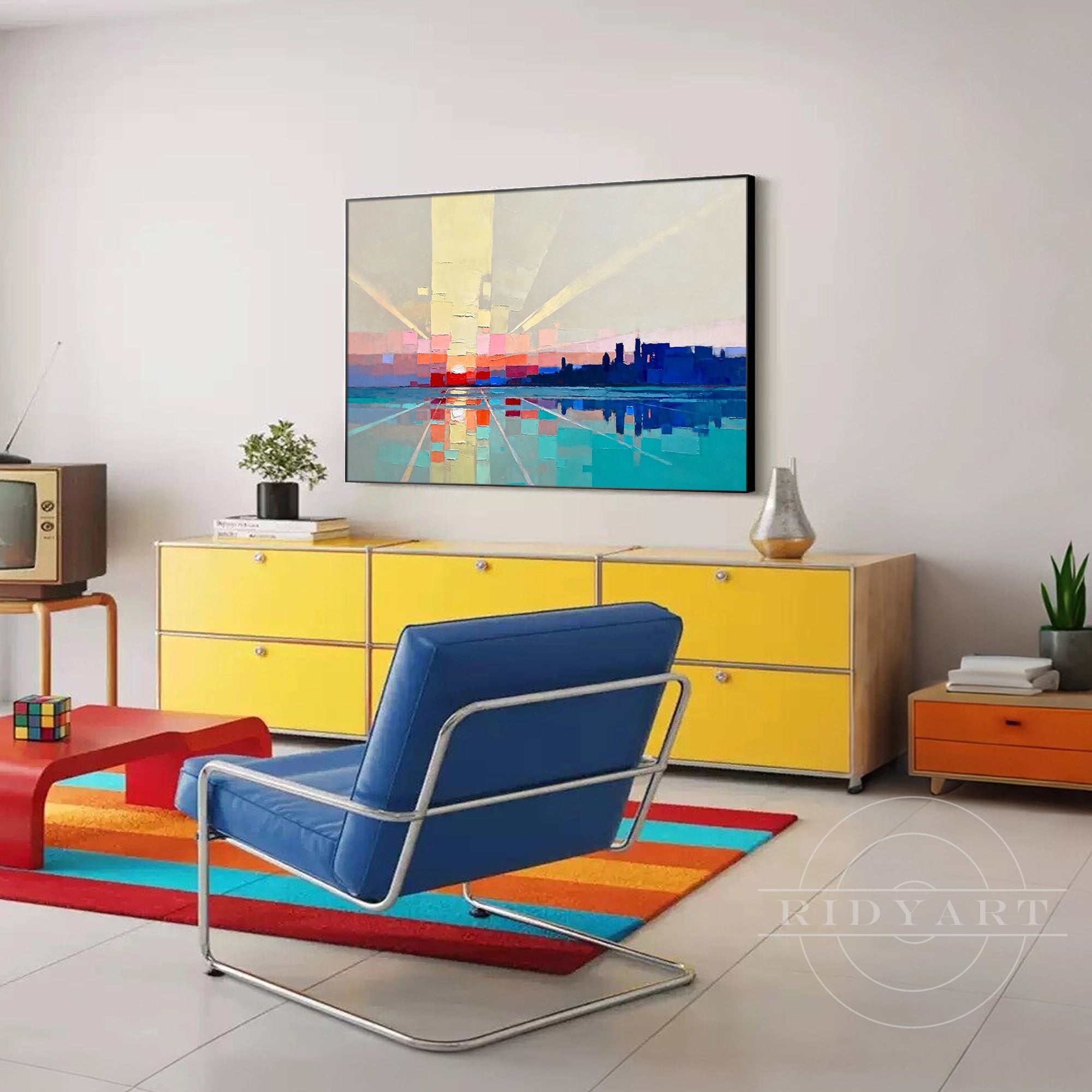 Modern abstract city skyline painting for contemporary living room