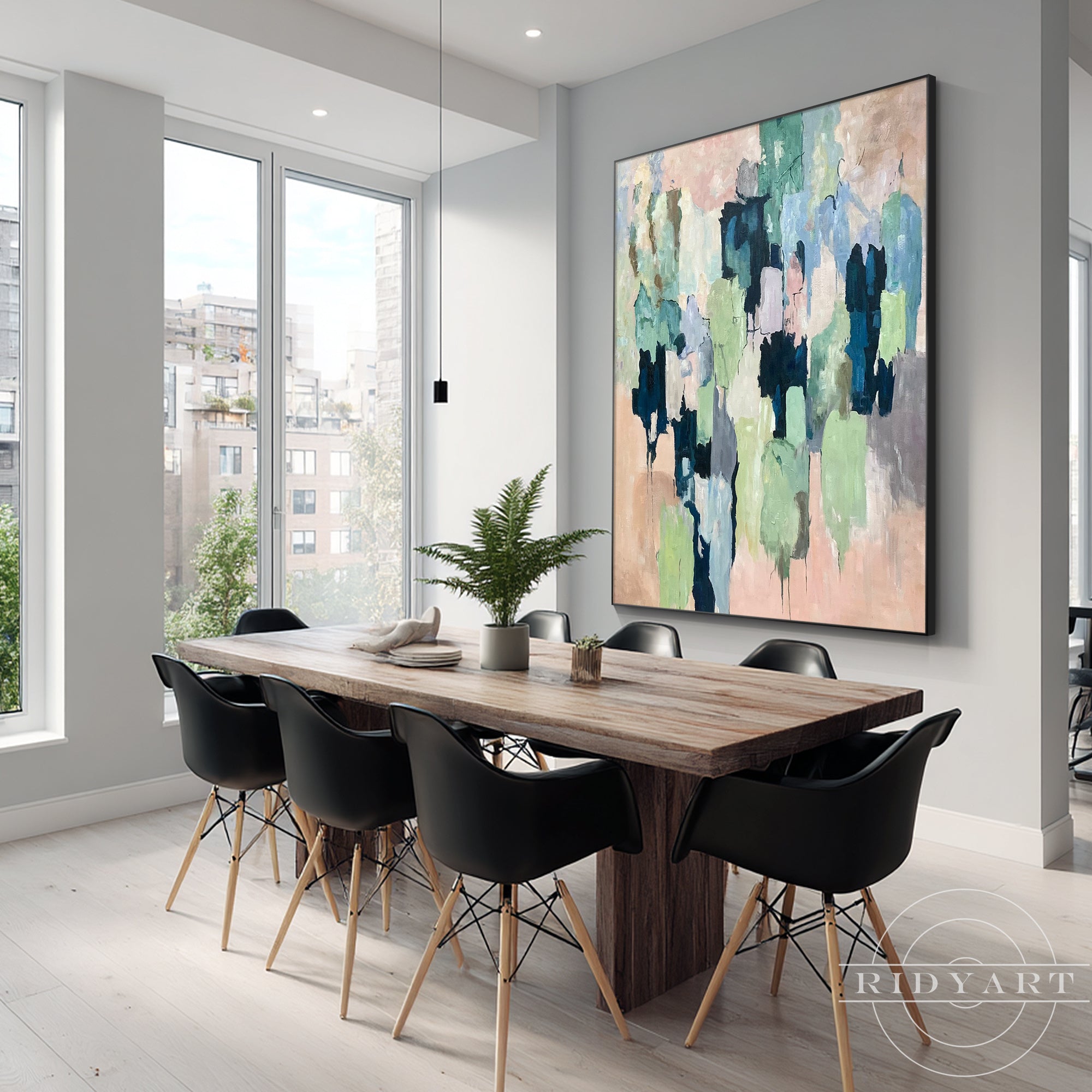 Green blue neutral abstract wall art with textured brush strokes