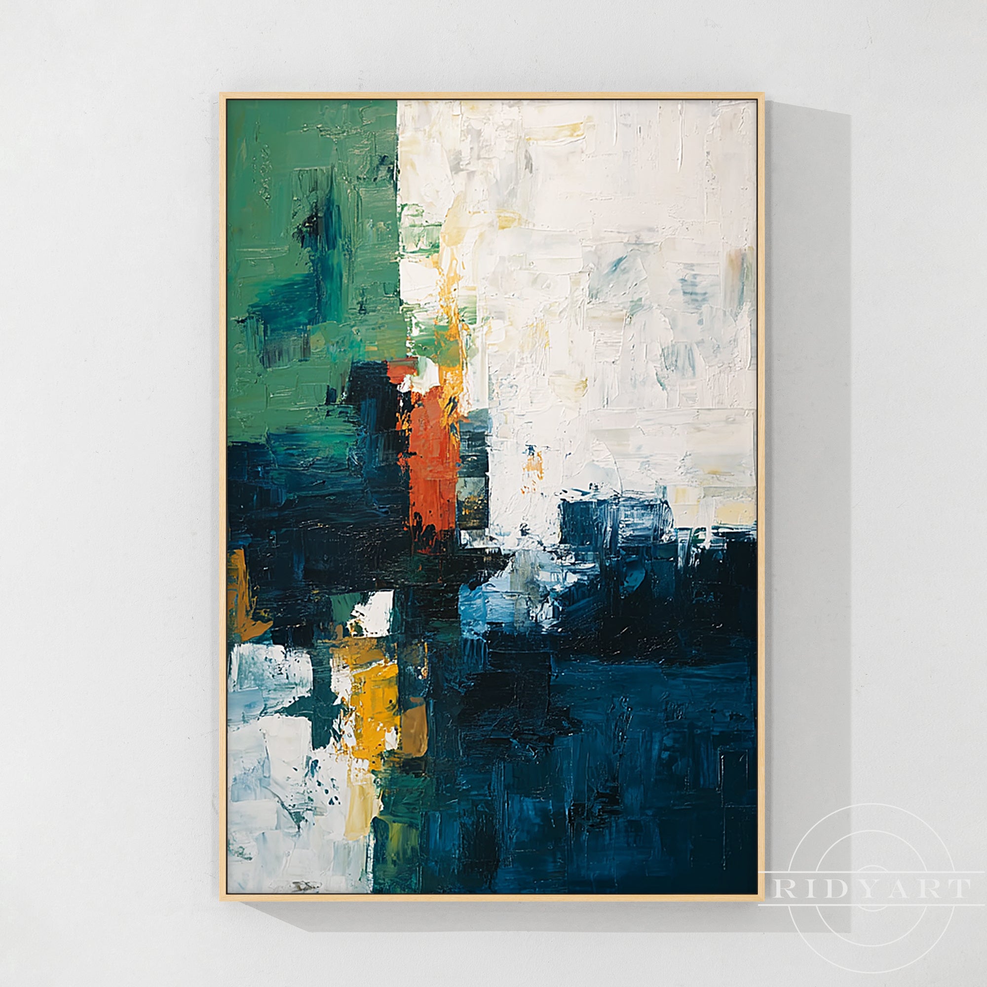 Blue abstract textured painting with white and gold accents for modern wall decor