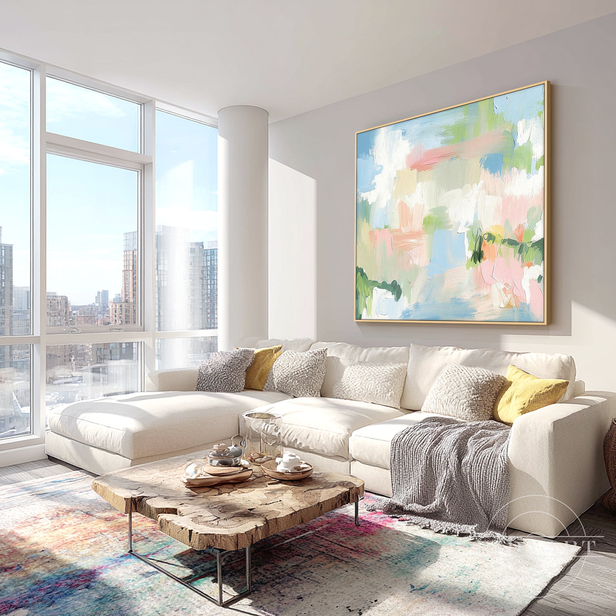 Modern hand painted abstract wall decor featuring soft pastel colors and elegant artistic style