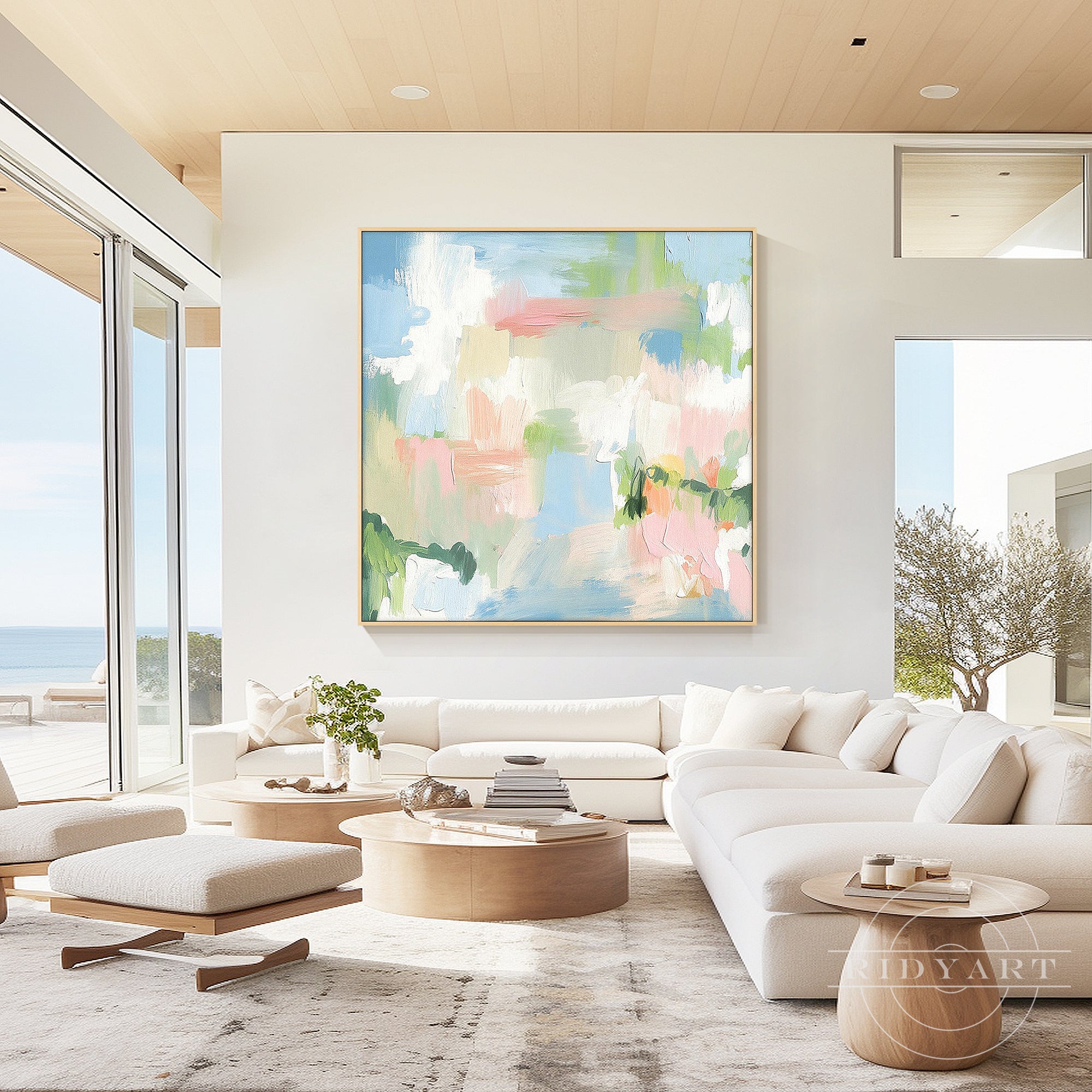 Large abstract wall art featuring calming pastel tones and artistic layered brush textures