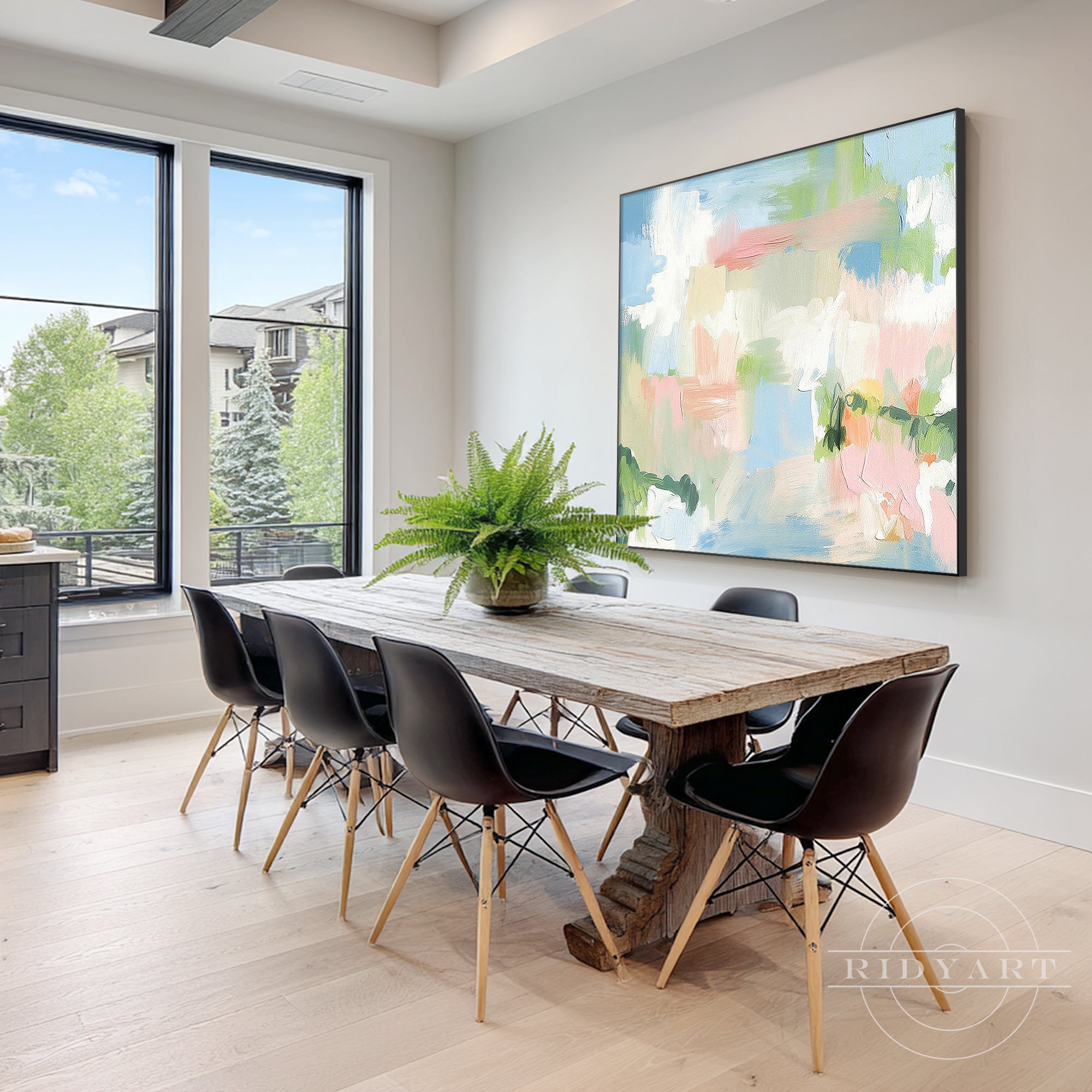 Handmade abstract canvas wall painting with soft blue, blush pink, white and green brush strokes