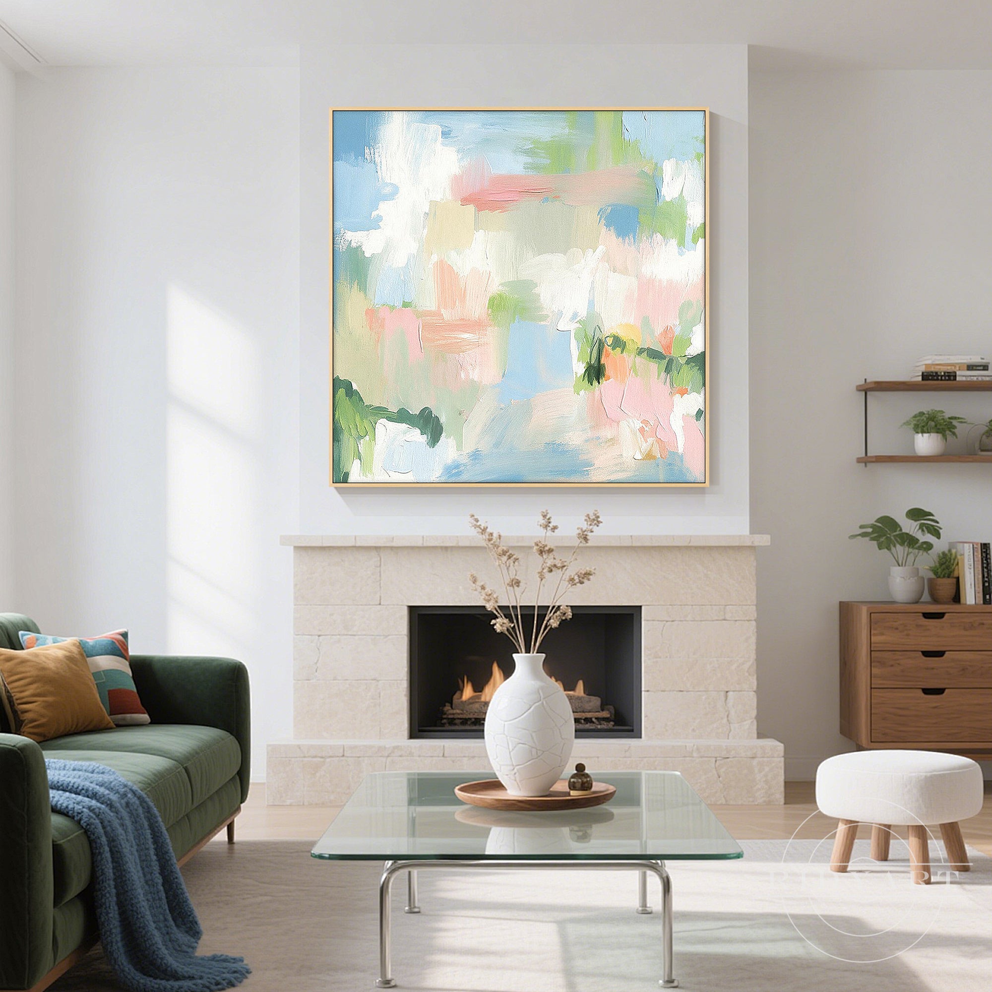 Handmade abstract canvas wall painting with soft blue, blush pink, white and green brush strokes