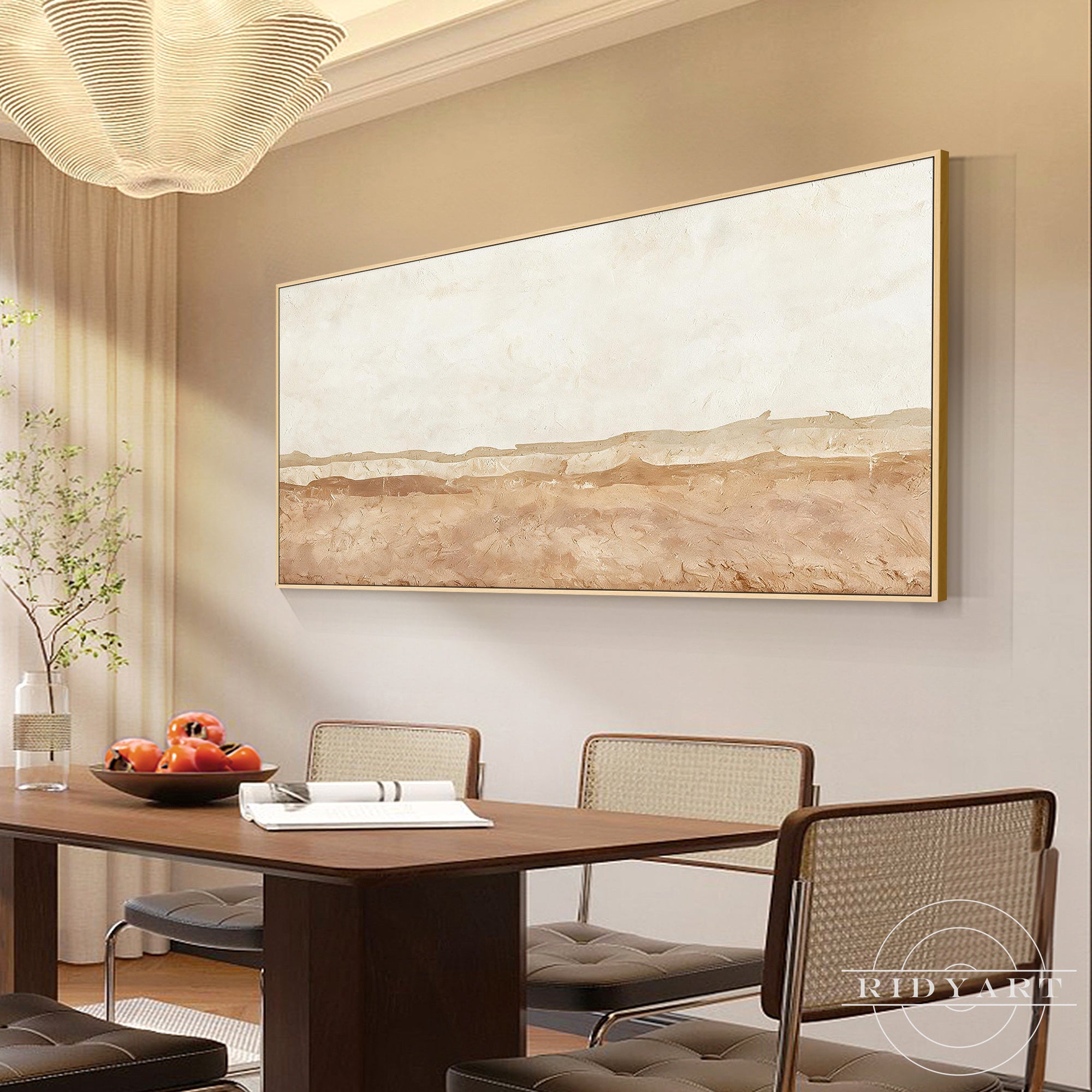 Hand painted beige textured canvas painting with natural landscape design