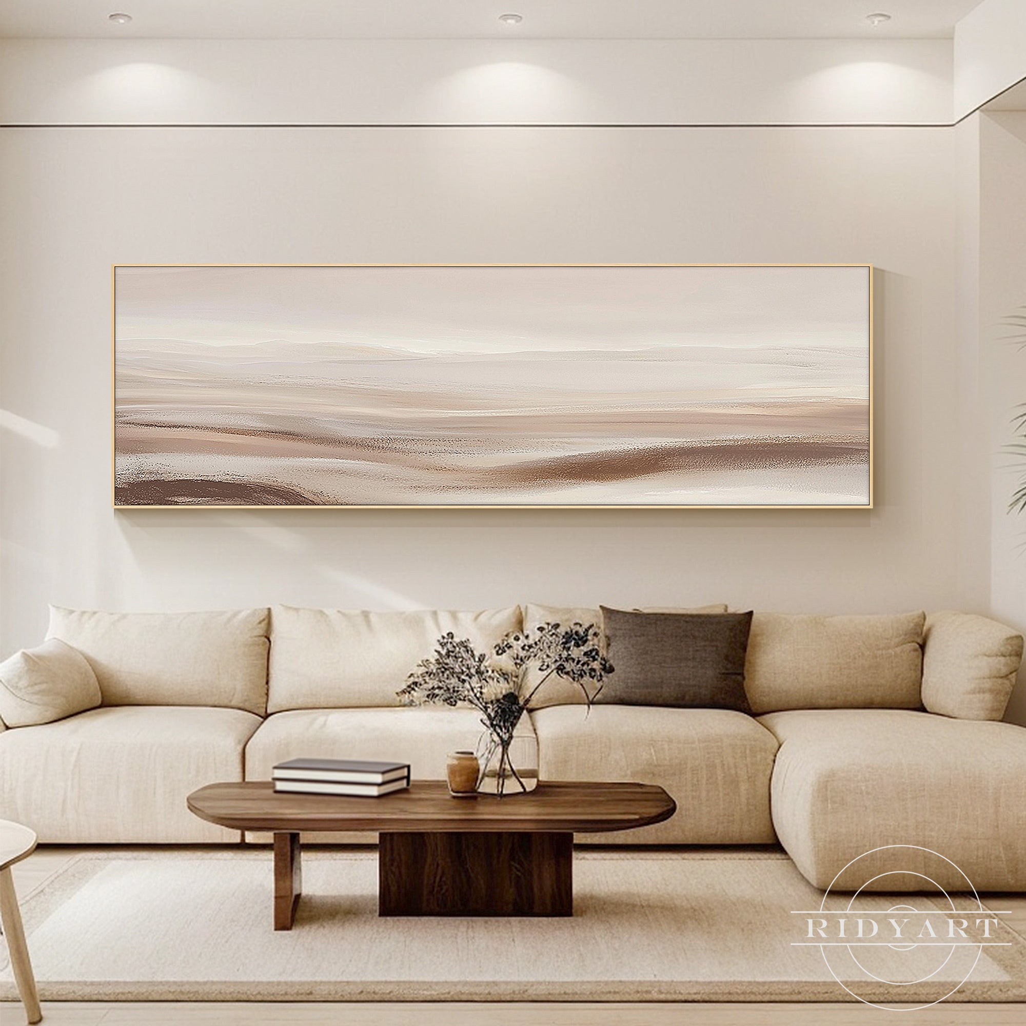 Large horizontal beige abstract painting for contemporary home interior