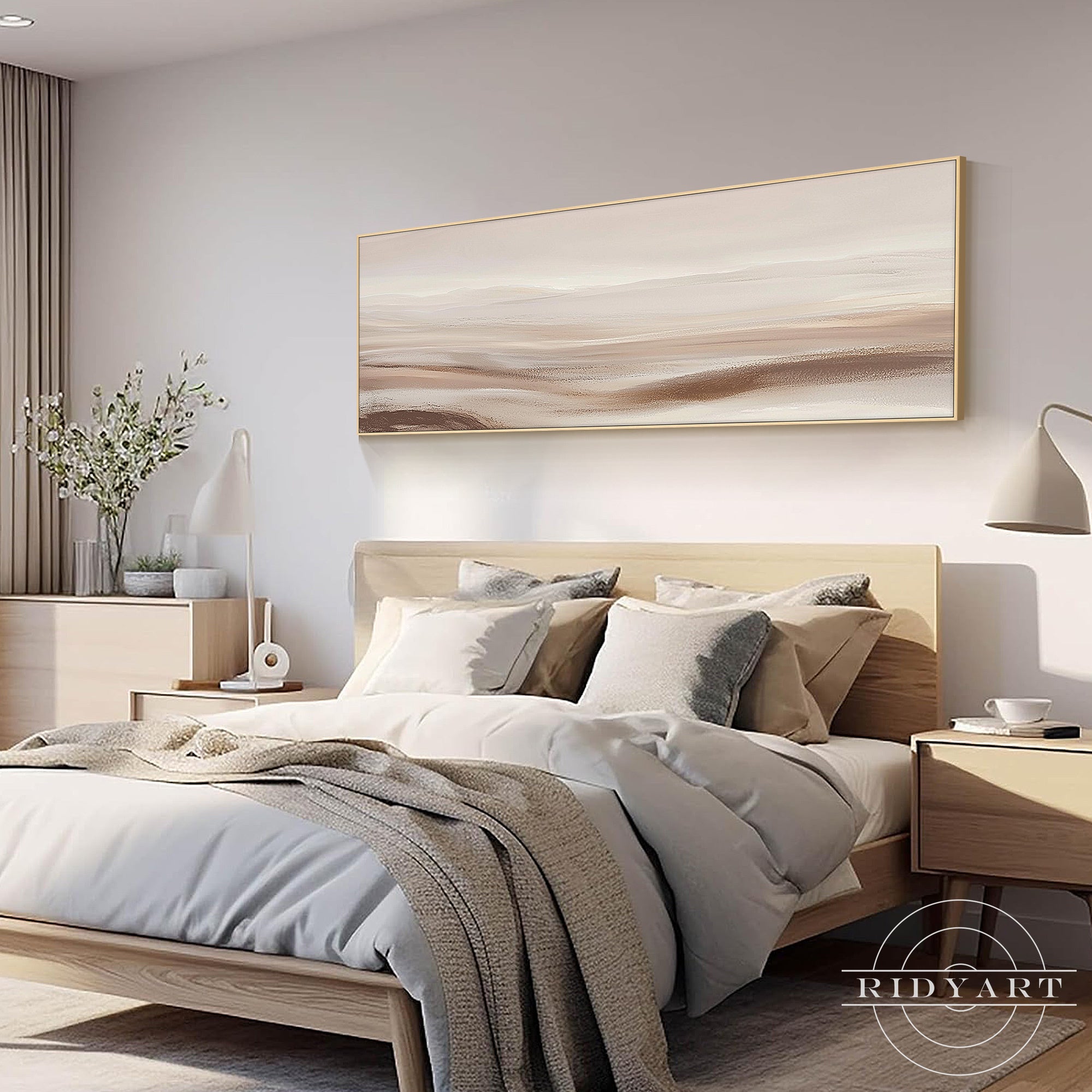 Neutral beige abstract landscape painting with minimalist textured design