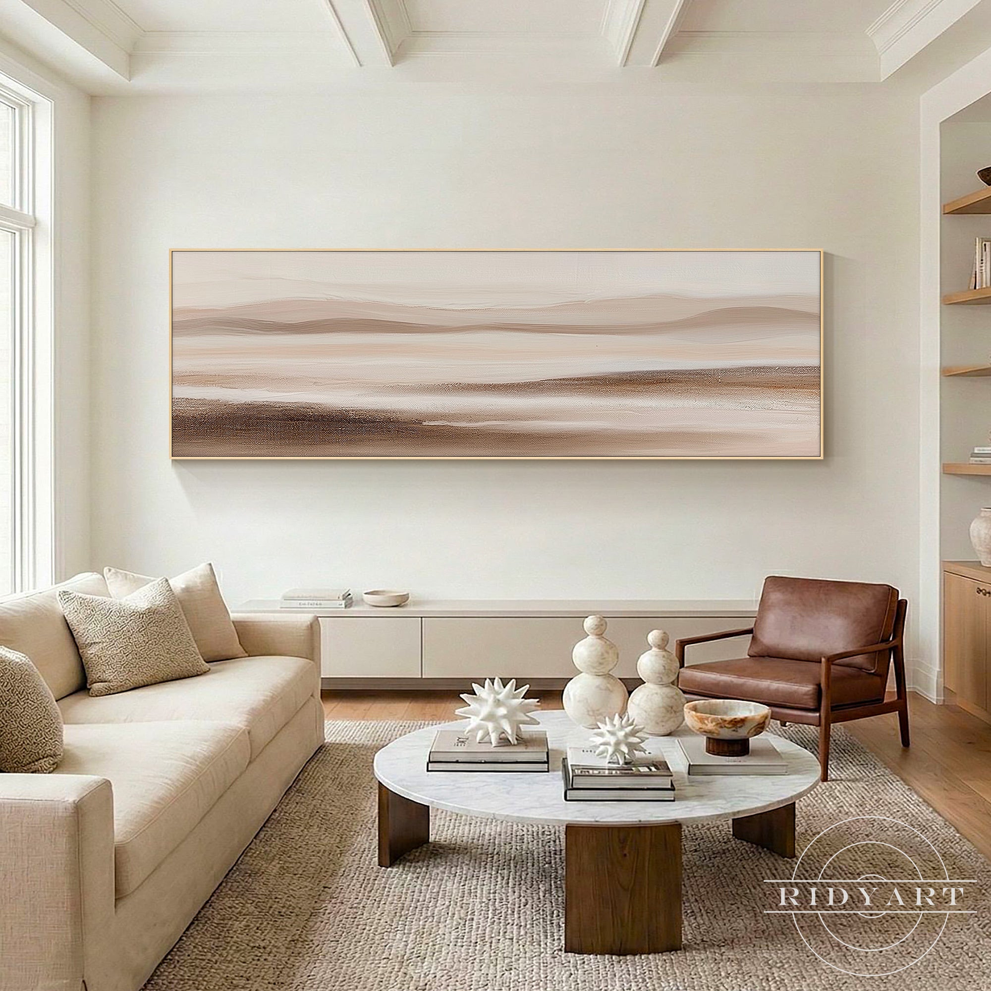 Neutral beige abstract landscape painting with minimalist textured canvas design