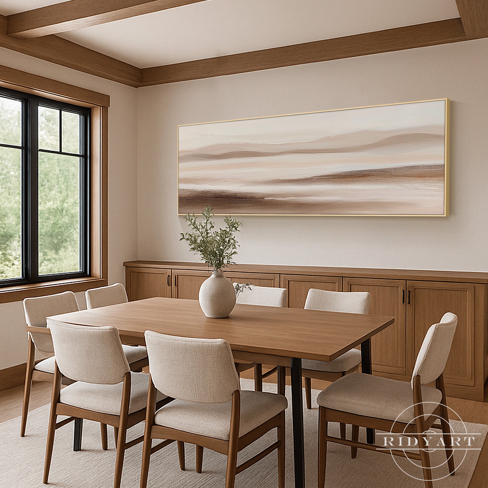 Minimalist landscape artwork with neutral colors and gold frame