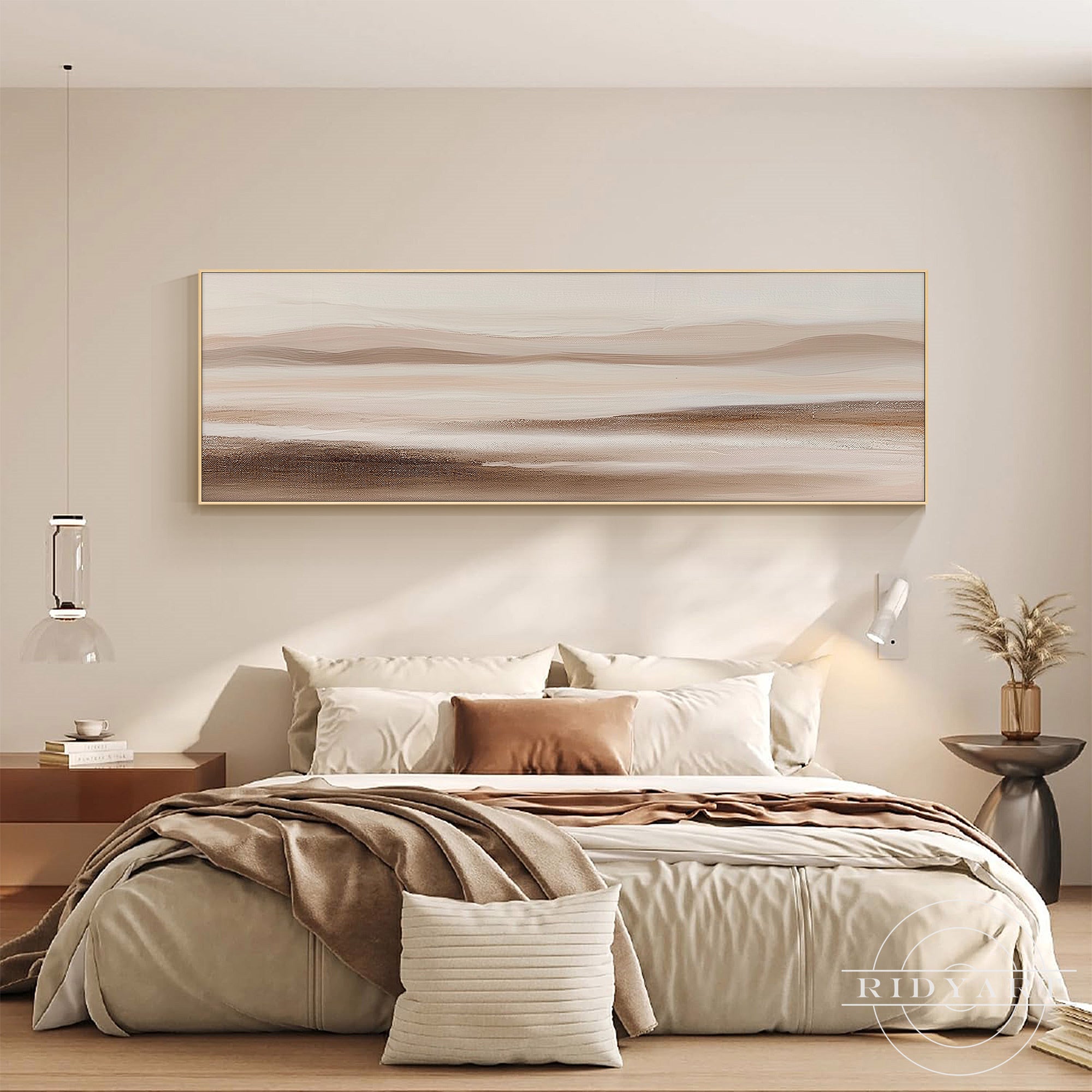 Large horizontal beige abstract canvas painting for living room