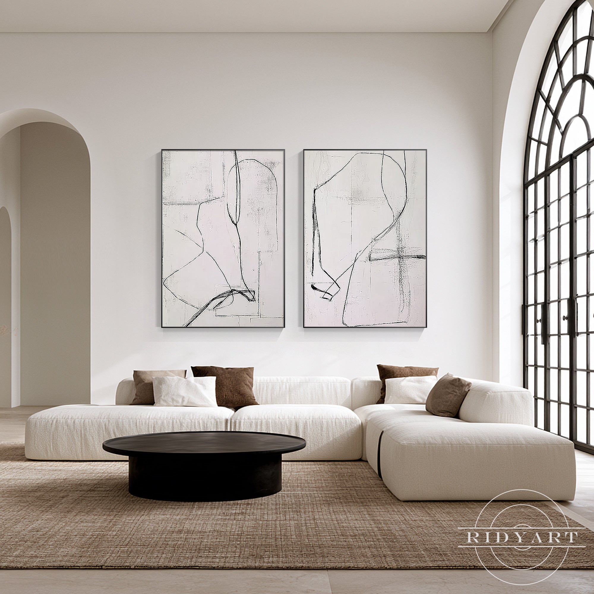 Modern minimalist abstract painting set with black lines and beige background