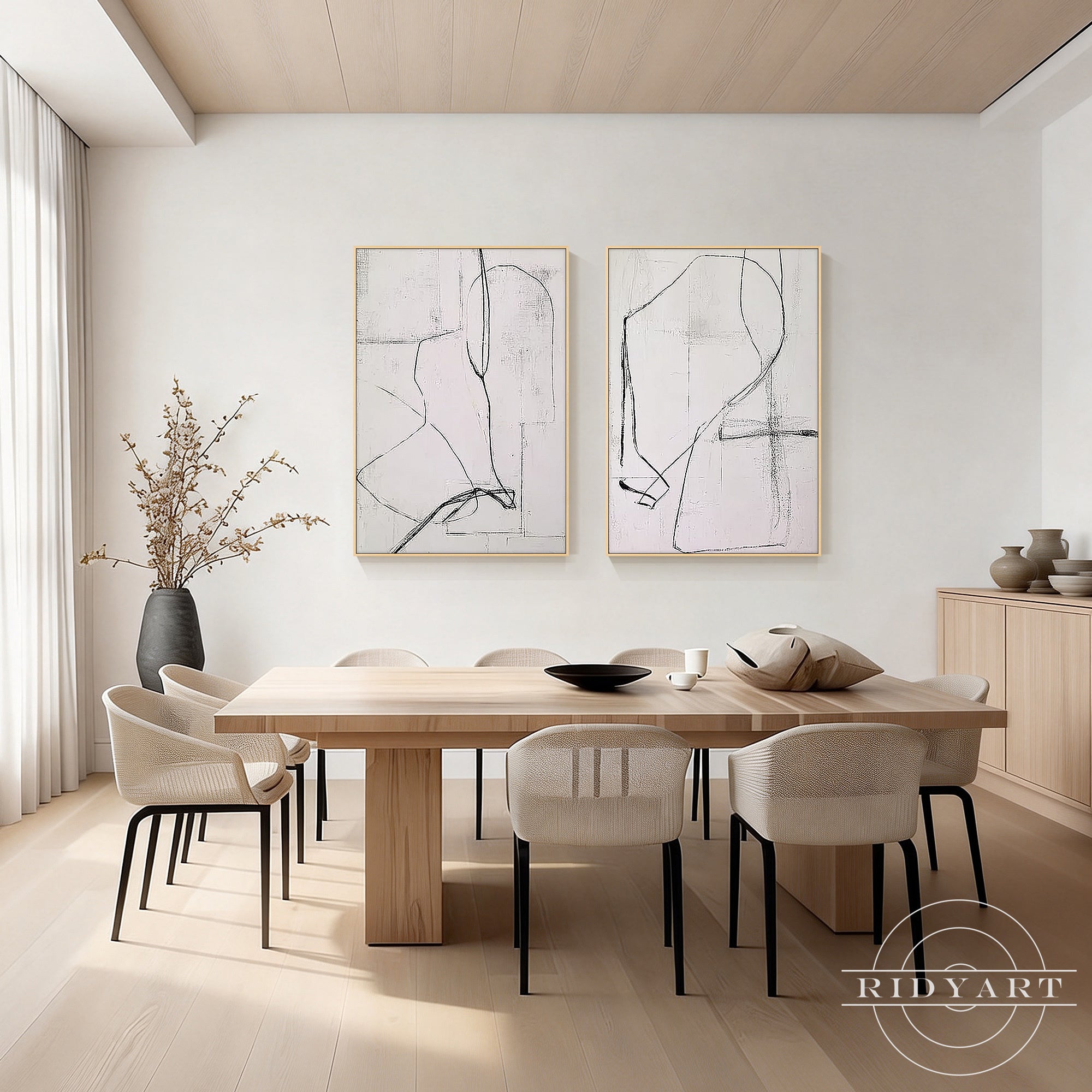 Japandi style black and white abstract wall art for living room decor