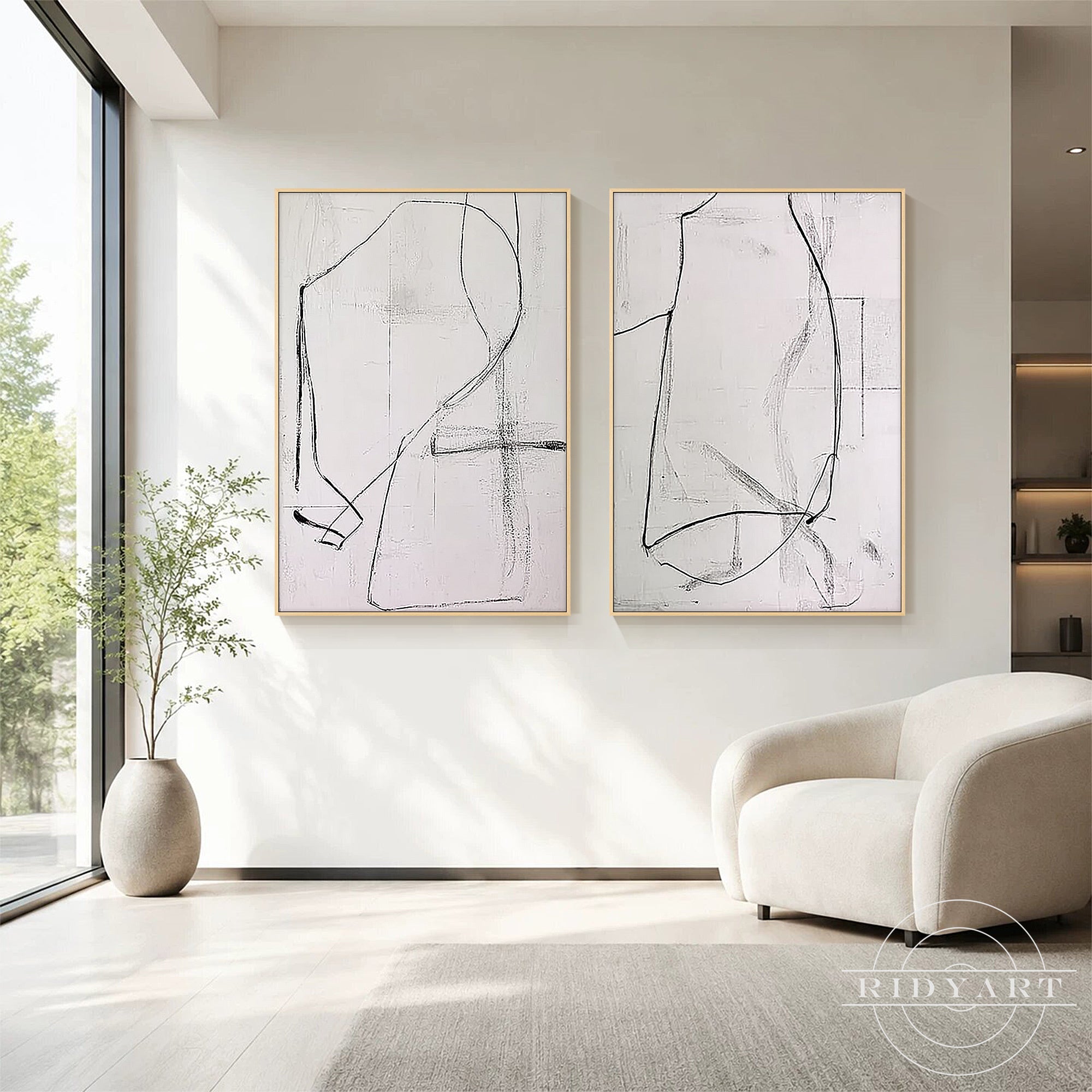 Minimalist abstract line art painting with neutral beige tones for modern wall decor