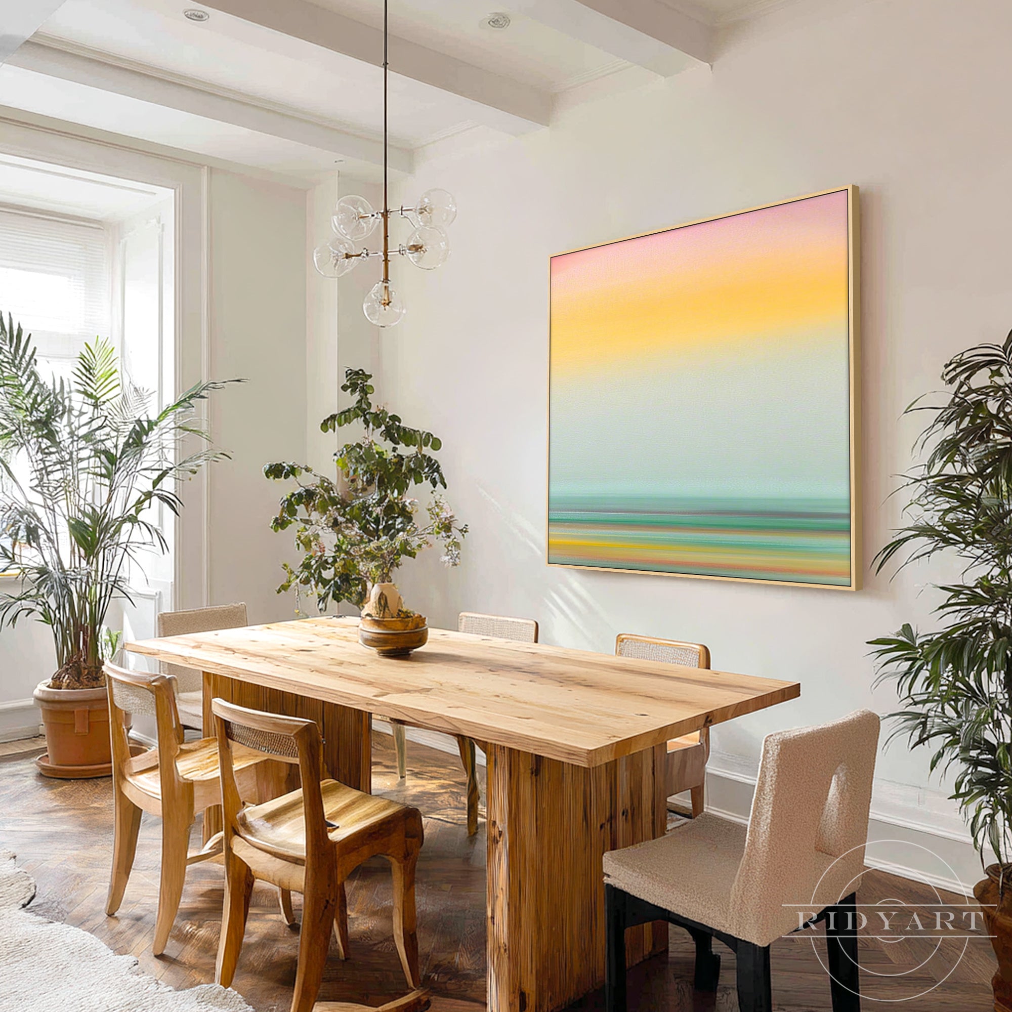 Contemporary horizontal line gradient painting featuring calming twilight ocean colors