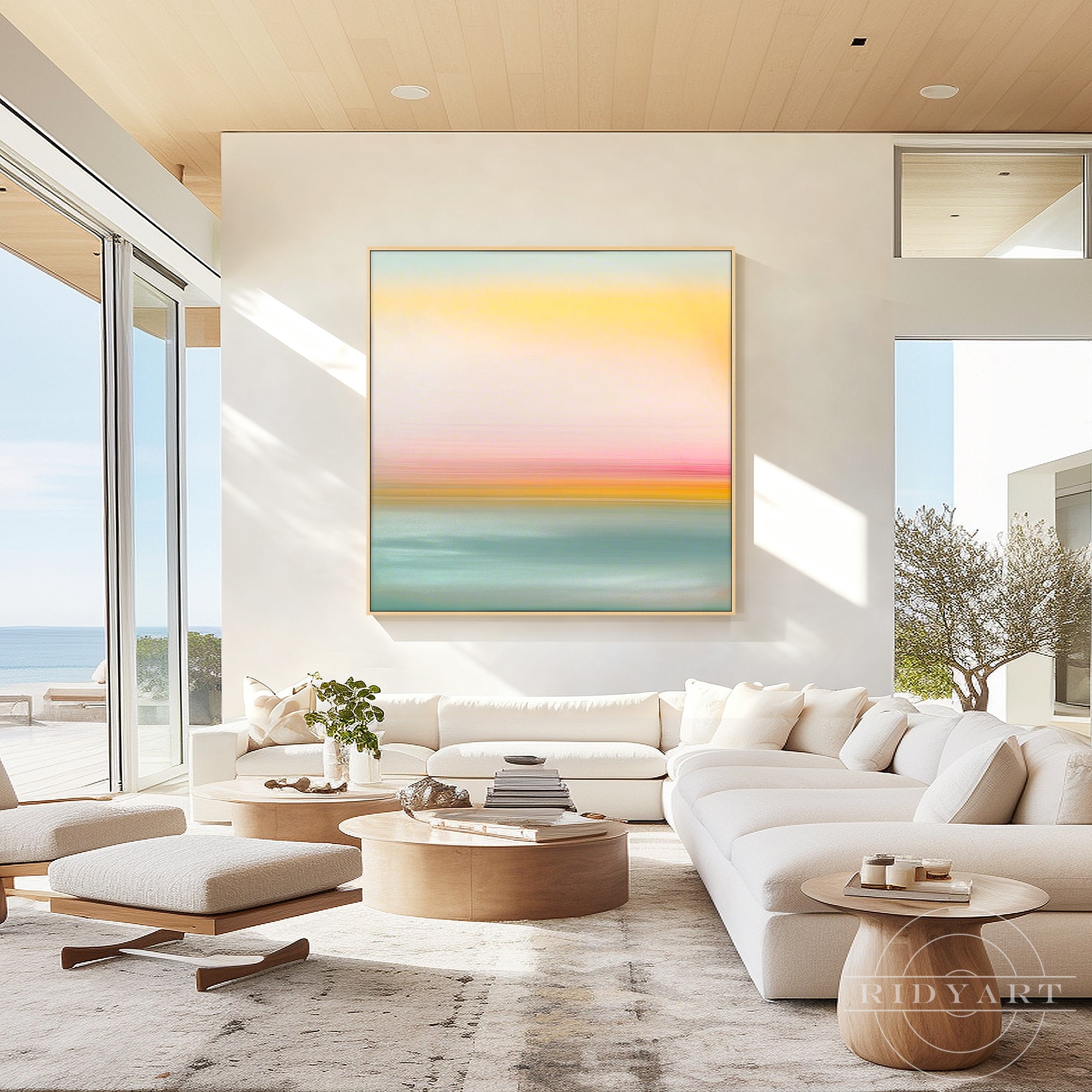 Modern sunset ocean artwork with soft pink and warm yellow hues