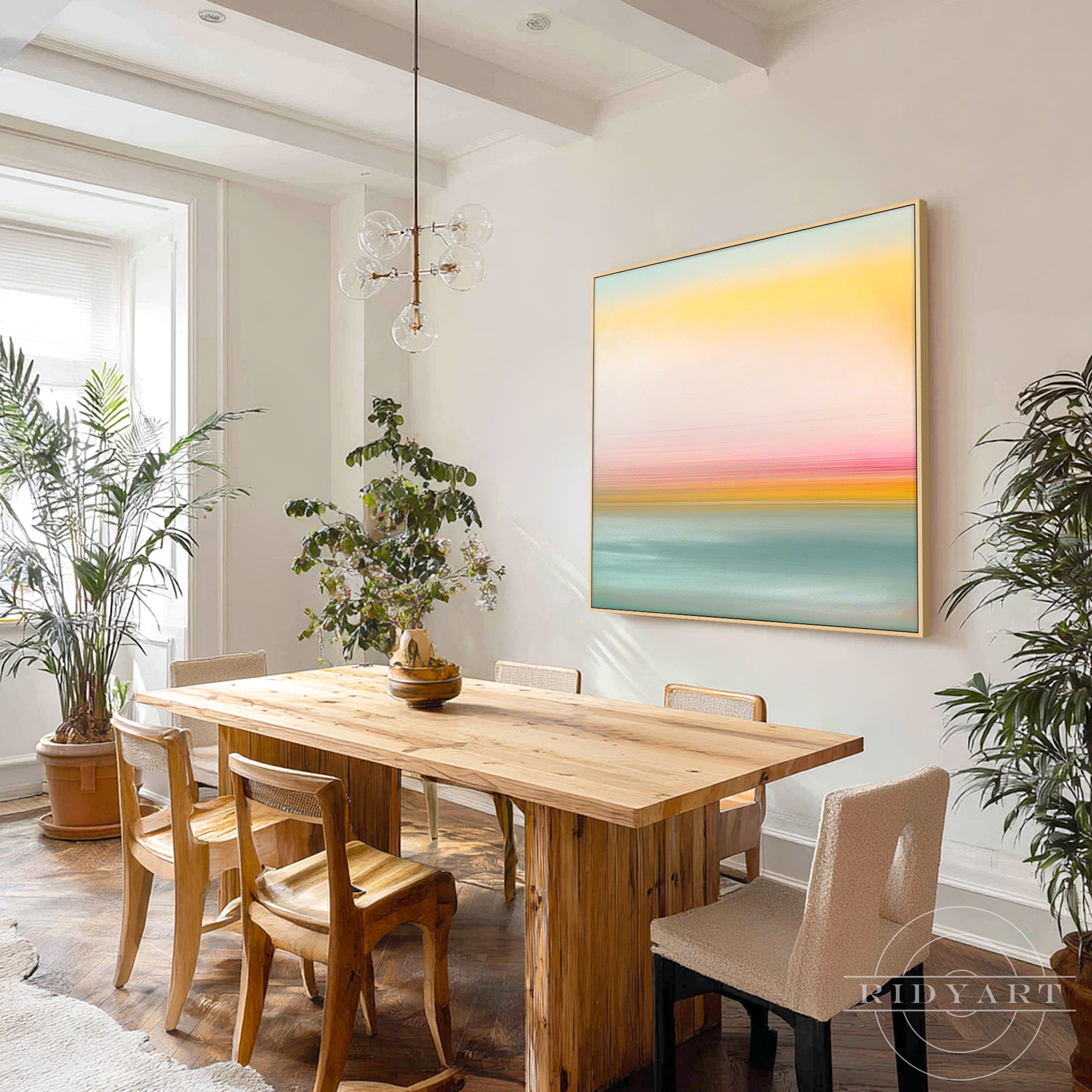 Abstract pastel landscape wall art with yellow pink and blue tones