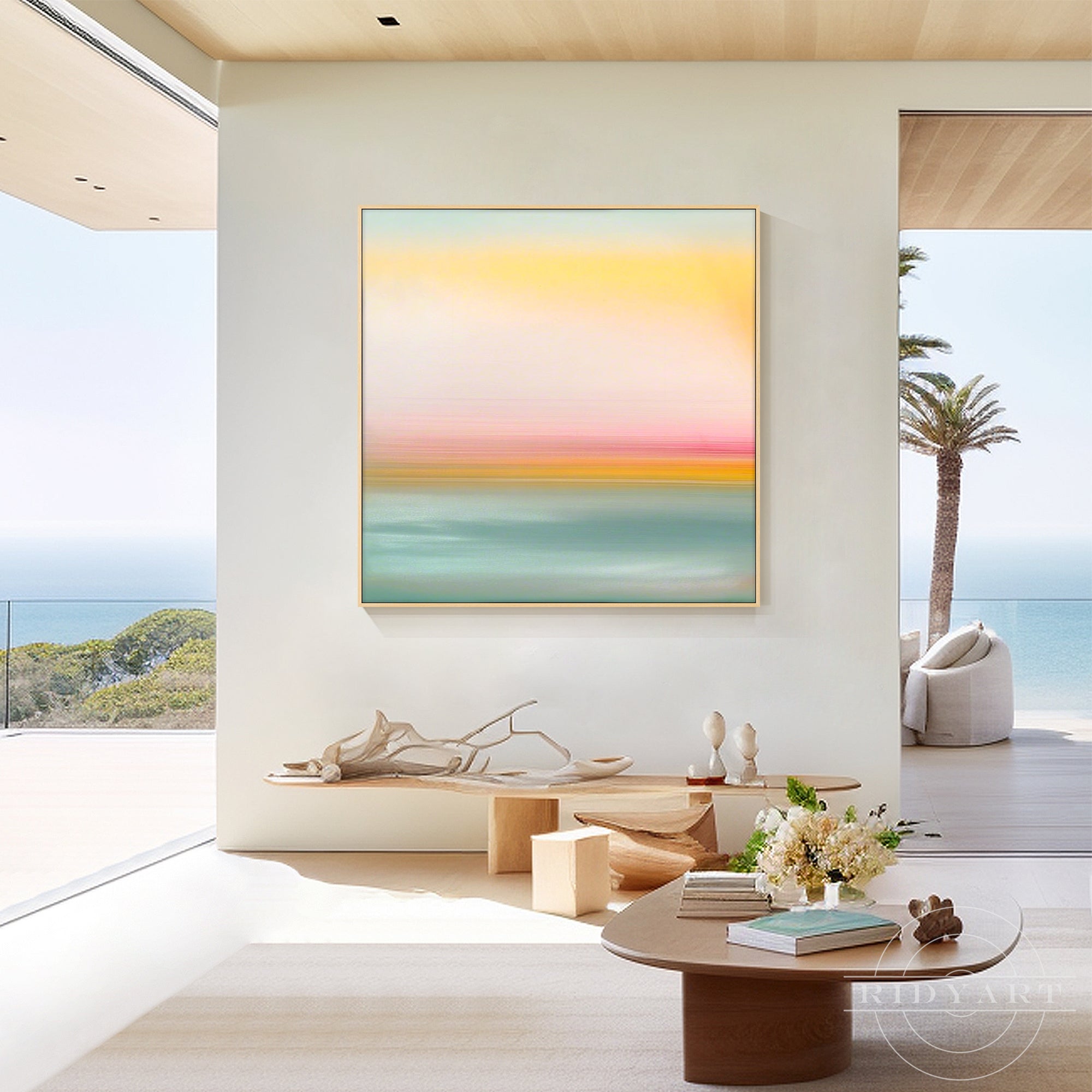 Contemporary hand-painted landscape artwork with a dreamy sunset horizon
