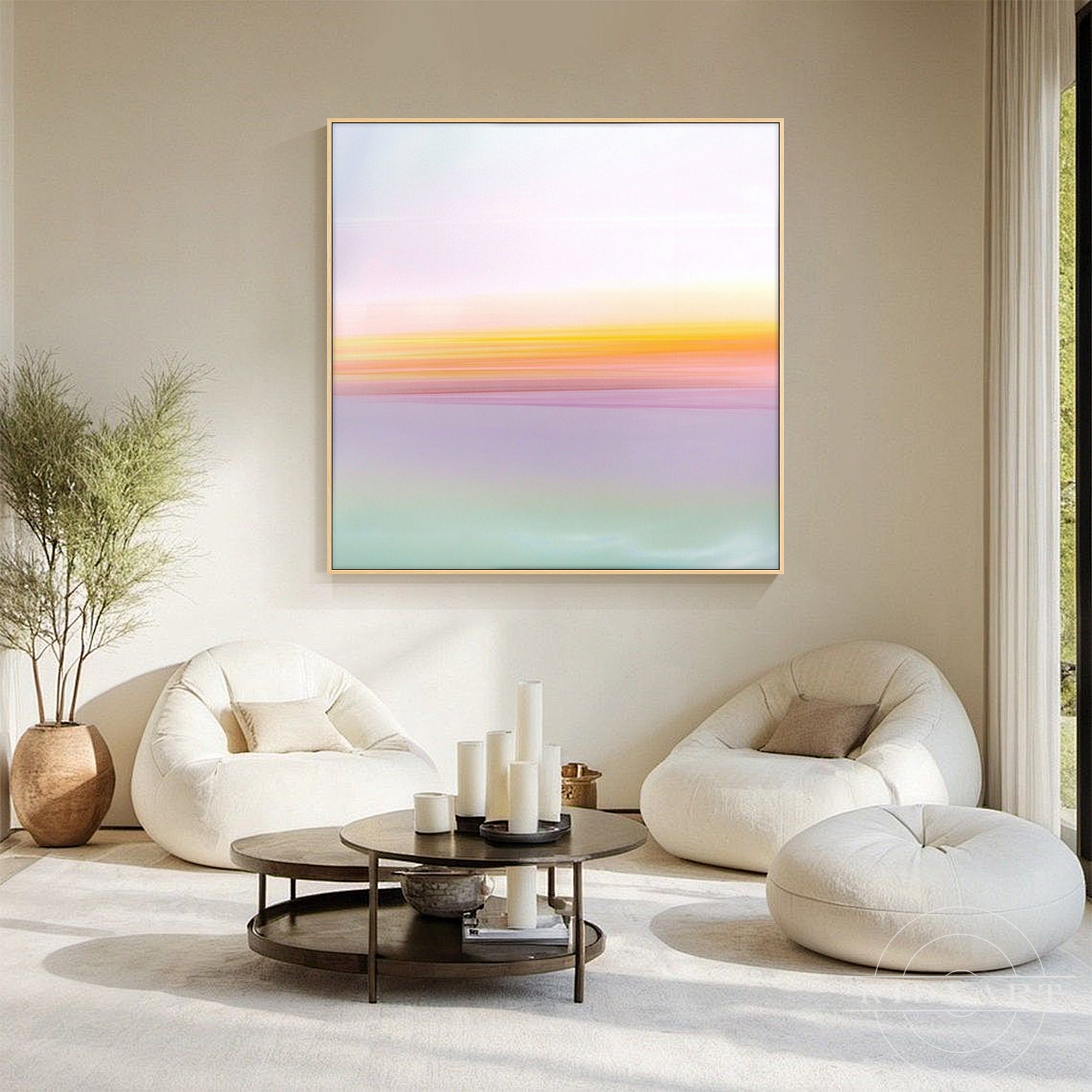 Abstract ocean-inspired painting in pastel pink, yellow, lavender and mint green