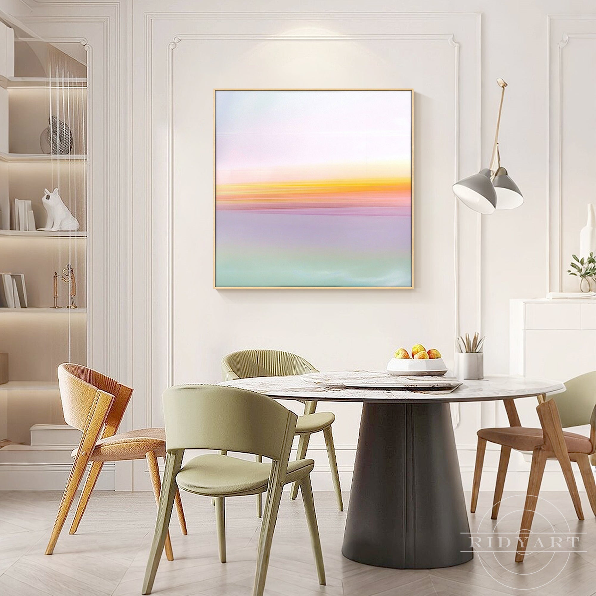 Contemporary hand-painted wall art with lavender, pink, yellow and green tones
