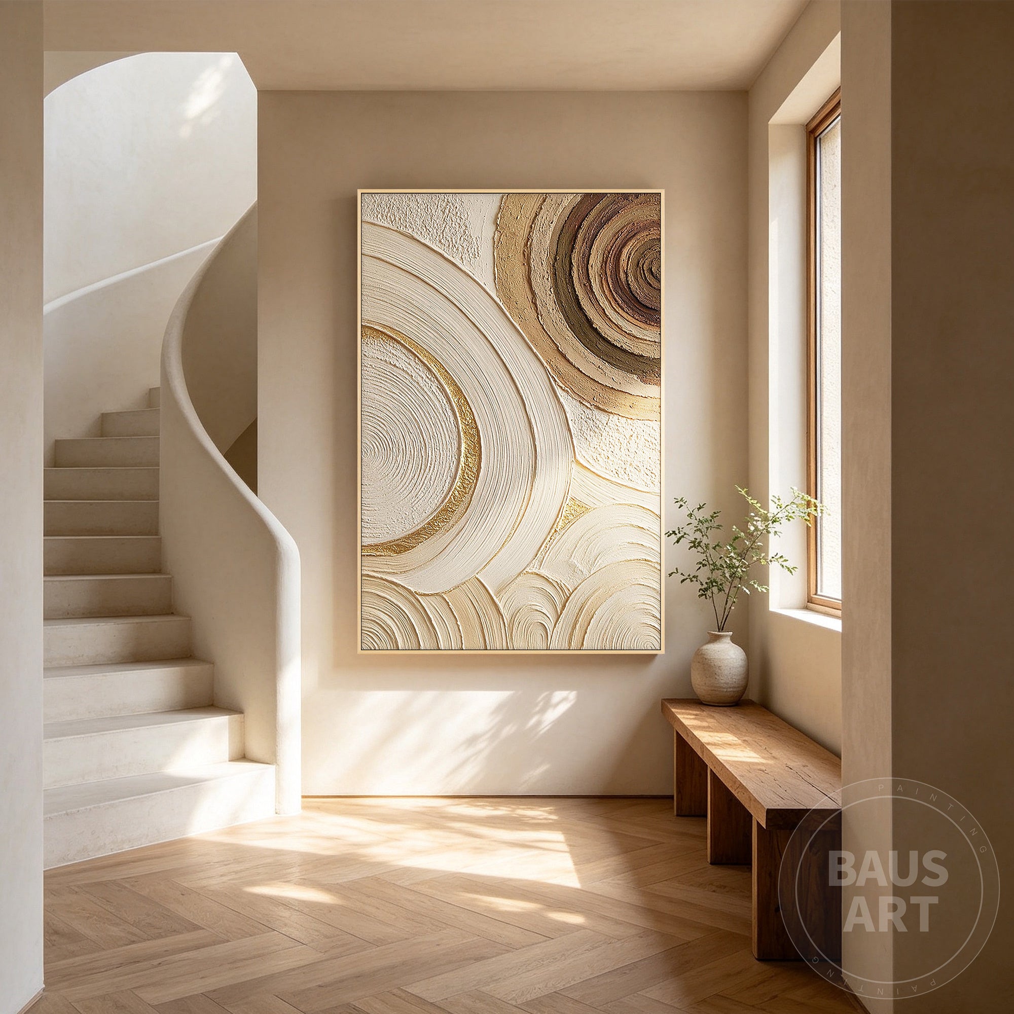 Modern neutral wall art with layered gold details