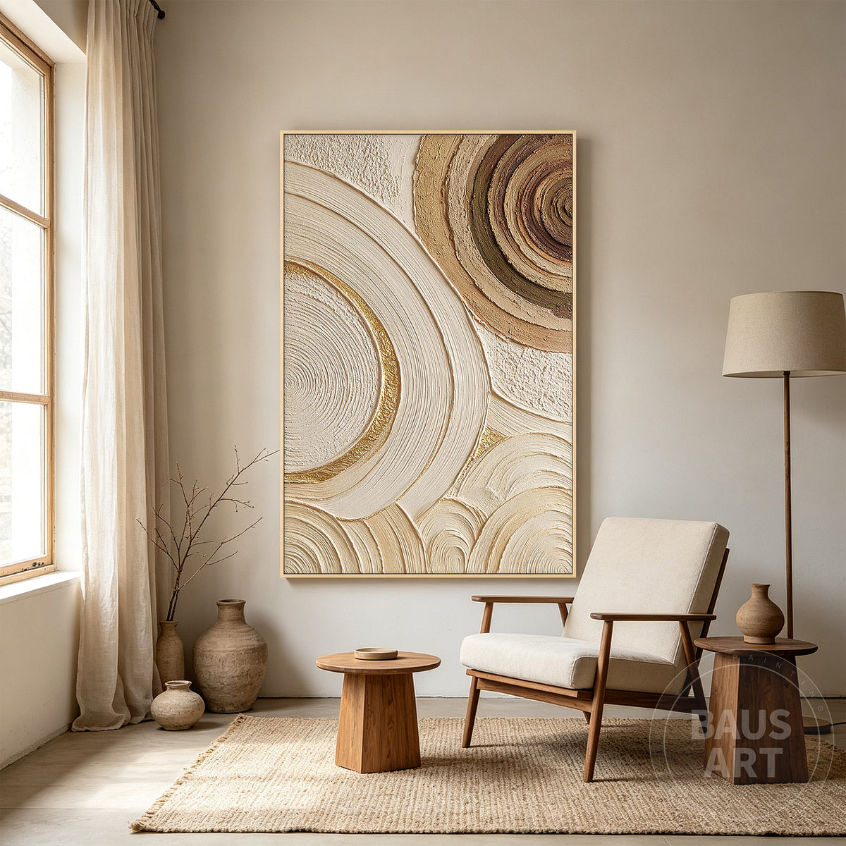 Handmade beige abstract painting with circular texture