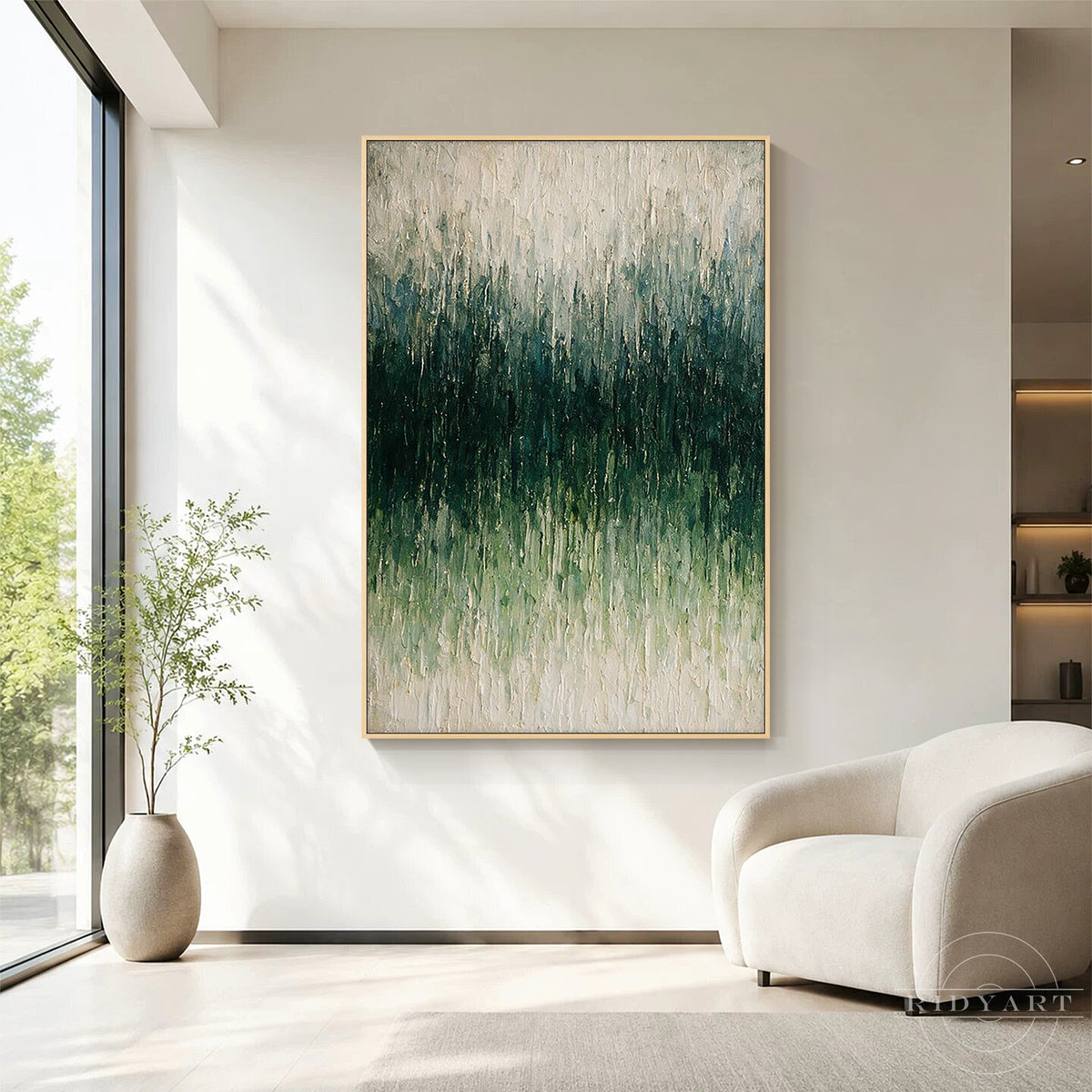 Vertical green abstract painting for modern home decor