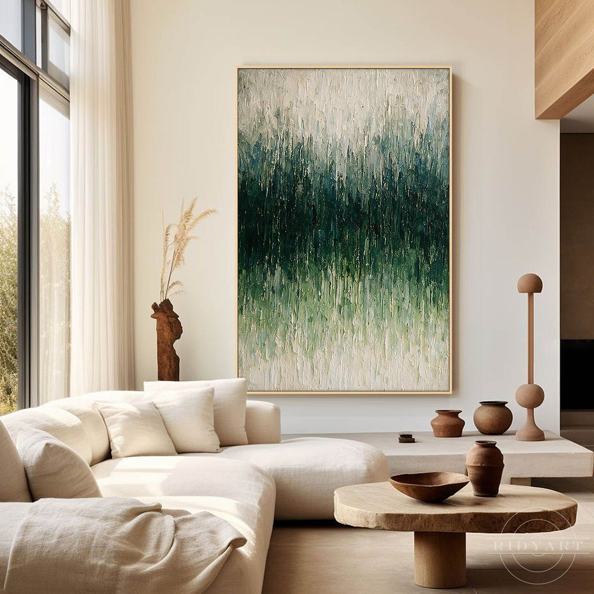 Hand-painted green abstract canvas with deep forest green texture