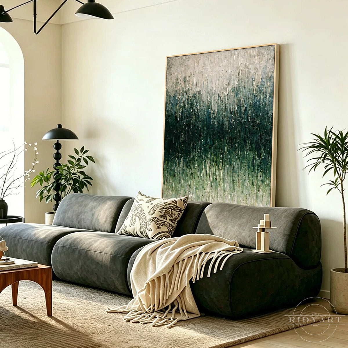 Minimalist green abstract artwork with layered textured brushstrokes