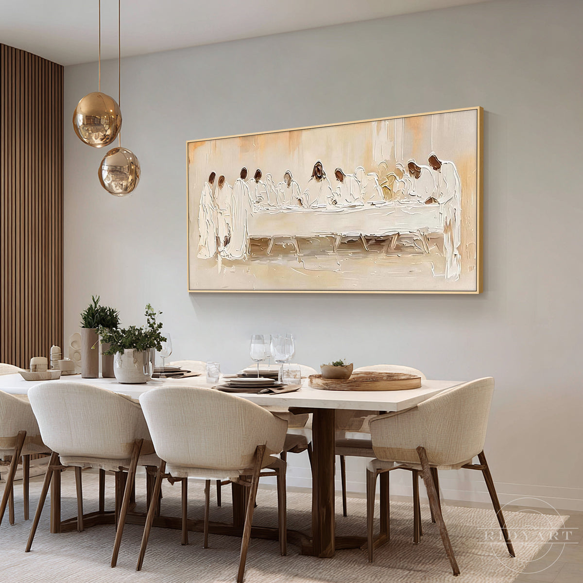 Large horizontal hand-painted religious wall art with a soft beige palette
