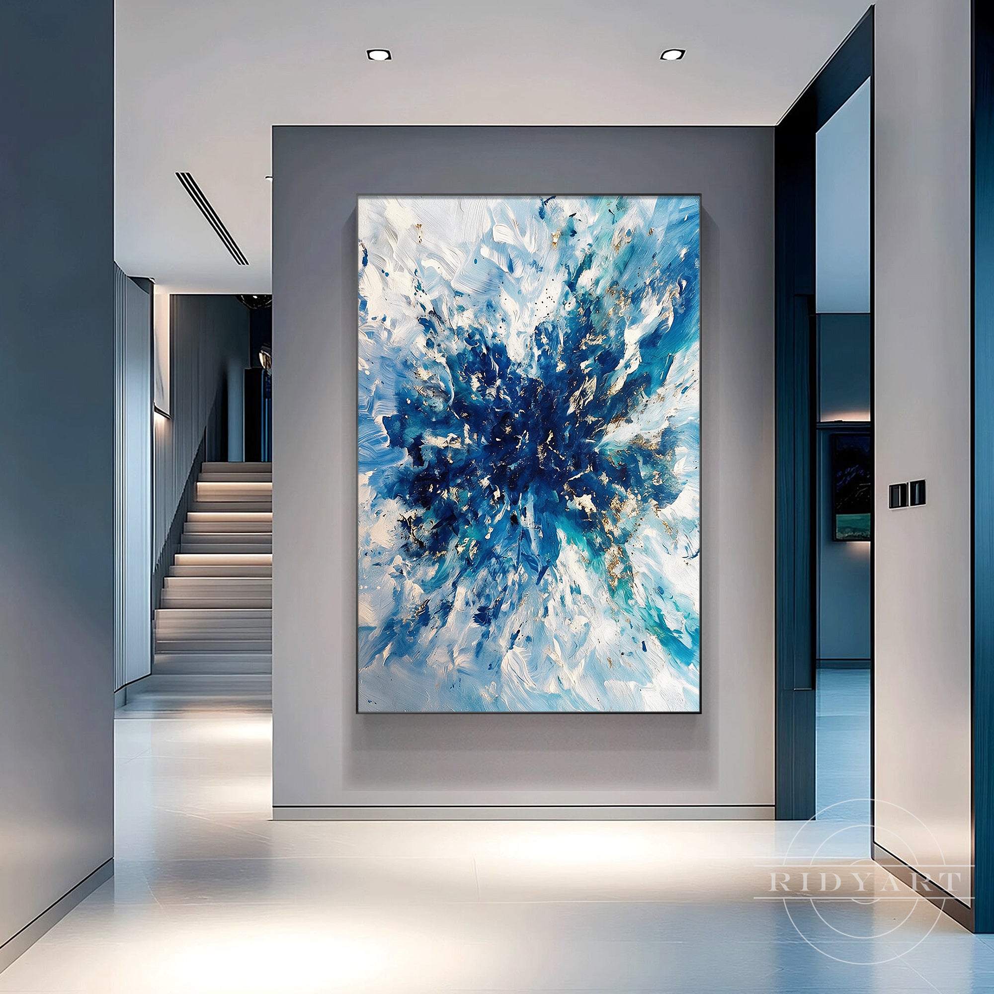 Hand painted blue and white textured canvas artwork for contemporary home decor