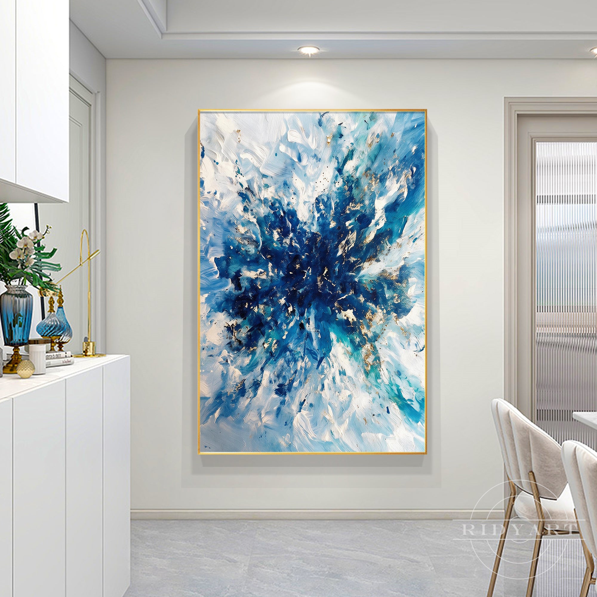 Navy blue abstract painting with gold highlights and layered brush textures