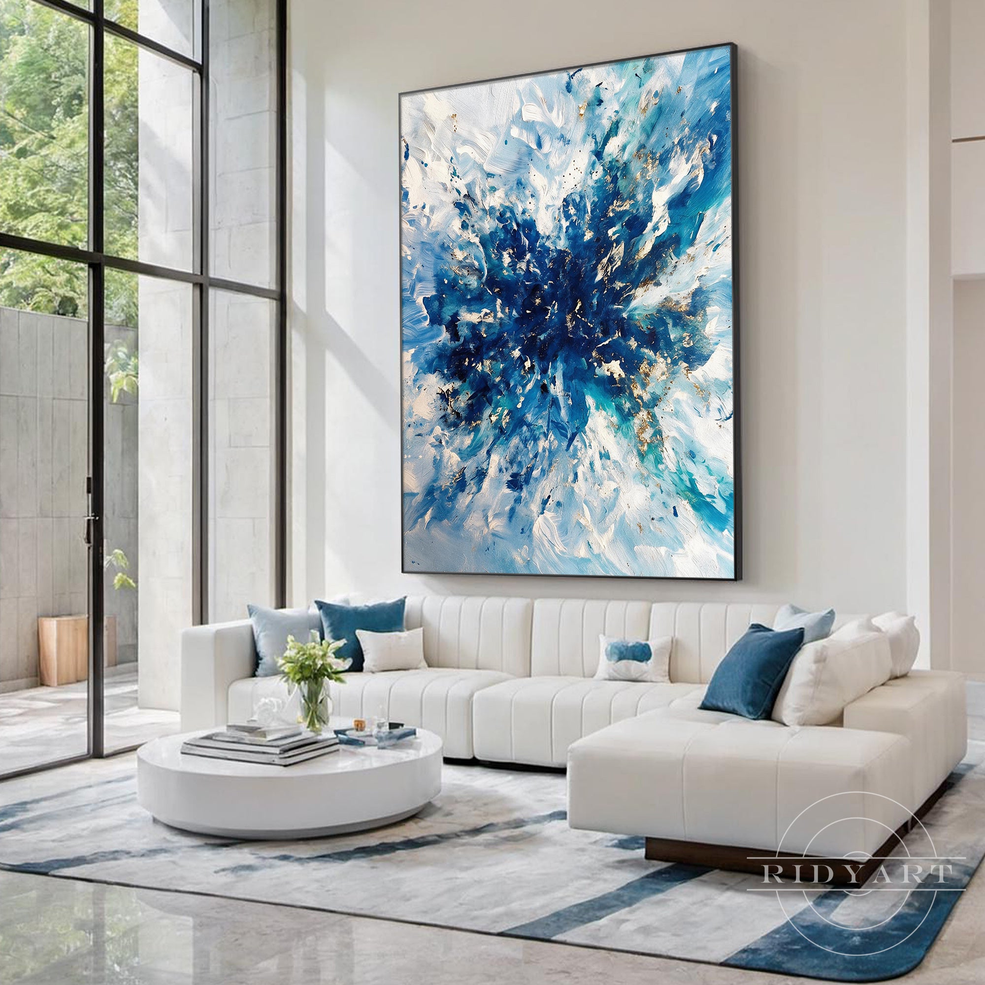 Large modern abstract canvas art with ocean blue and white color palette